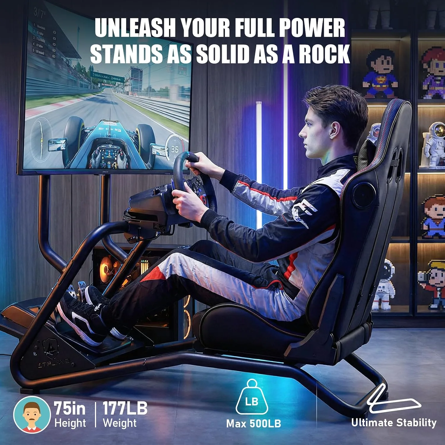 GTPLAYER Racing Simulator Cockpit with Monitor Stand and Seat and Bluetooth Speakers, Racing Style Reclining Seat and Ultra-Sturdy Alloy Steel Frame Racing Wheel Pedals NOT Included, Black