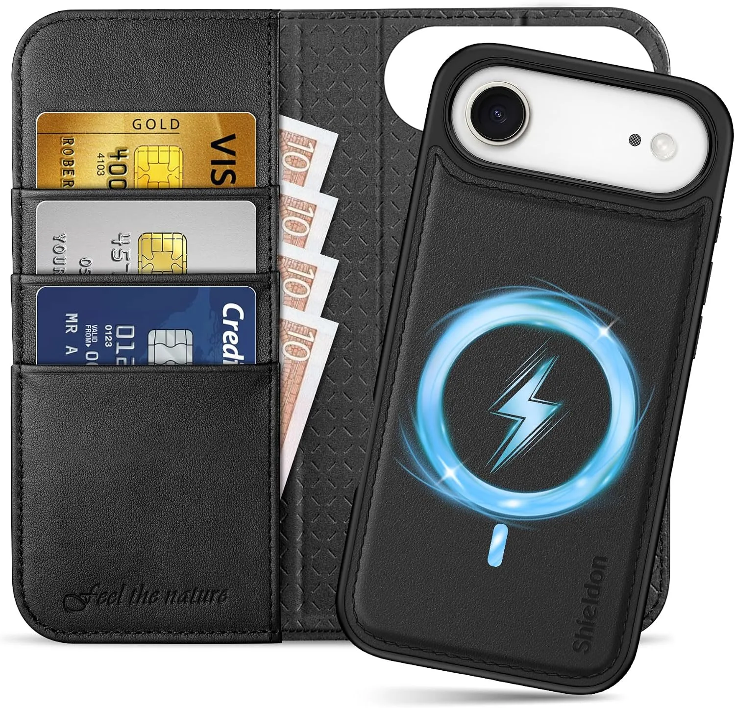SHIELDON 2 in 1 Real Leather Wallet Case for iPhone Air 6.5" 2025, Black