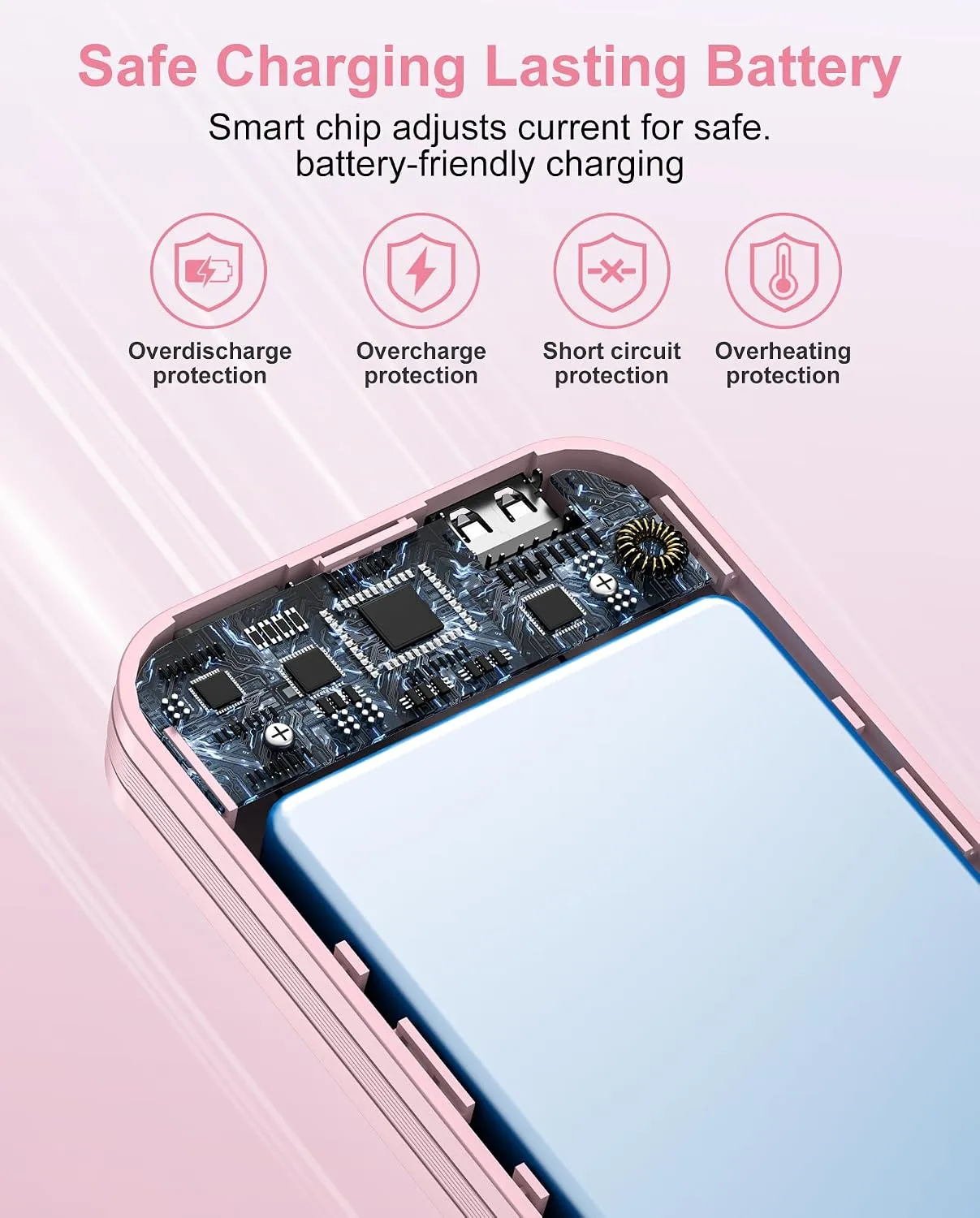citicr Portable Charger 10000mAh PD20W w/Built-in Cables & Wall Plug Pink