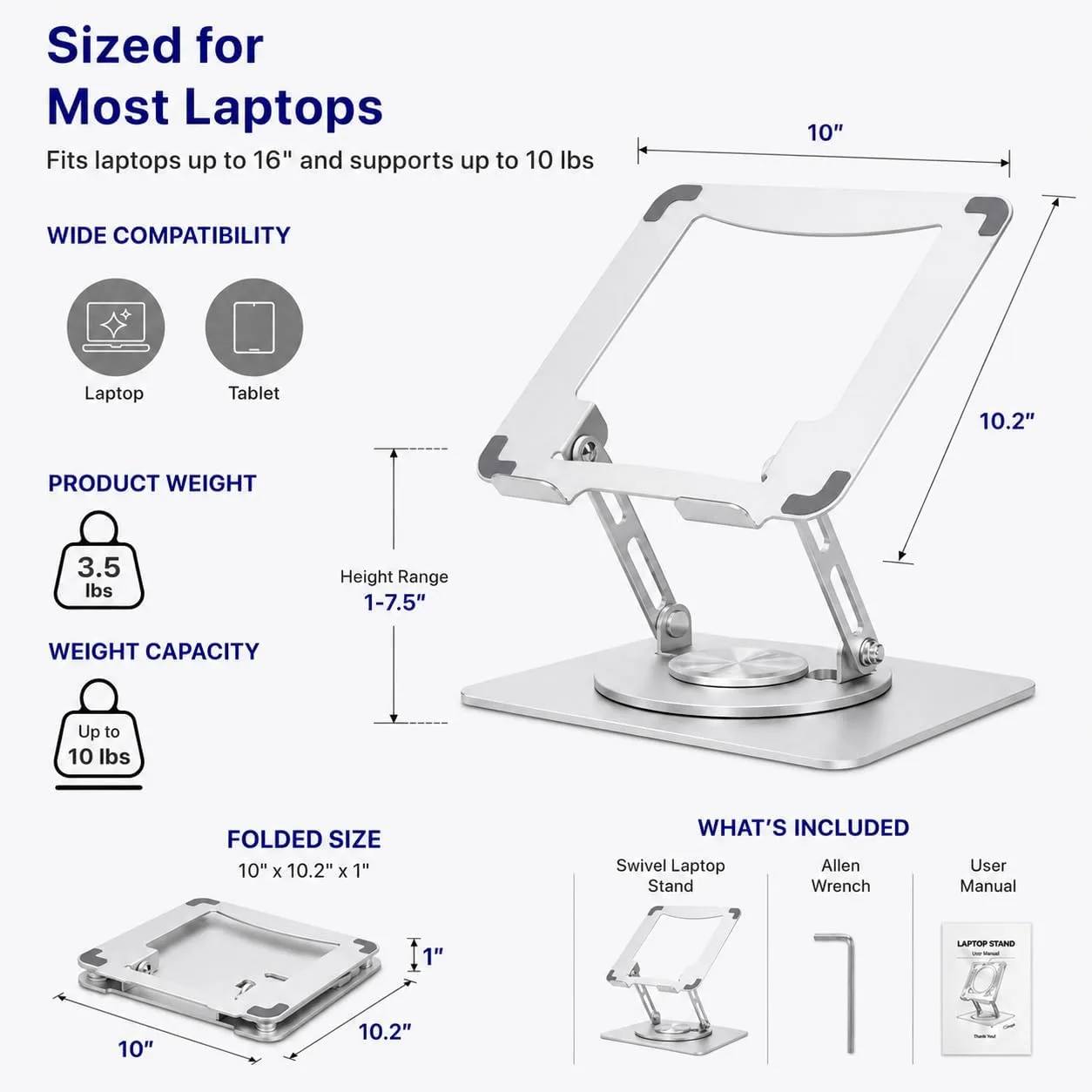 Uncaged Ergonomics Swivel Laptop Stand for Desk, 360 Riser, Arctic Silver