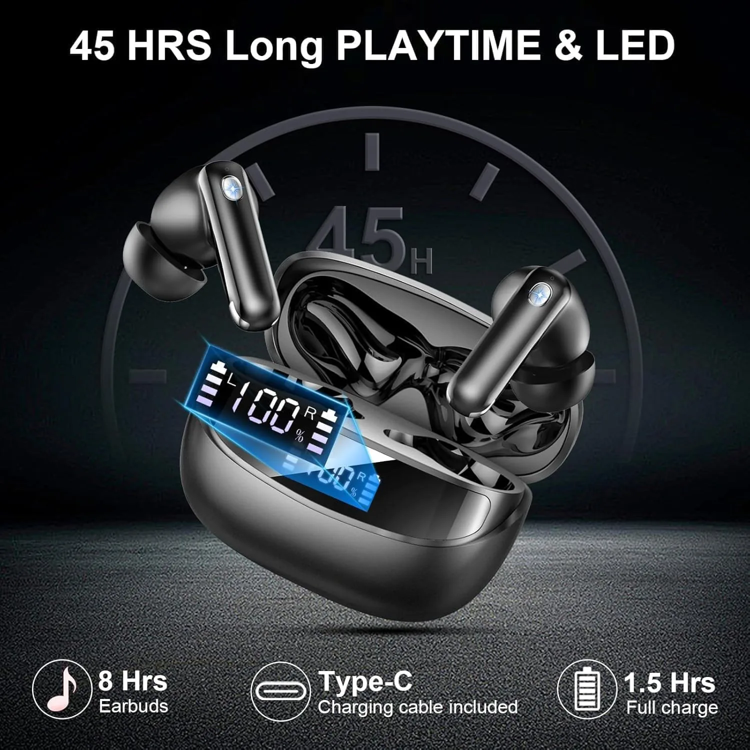 Jxrev Wireless Bluetooth 5.4 Earbuds, 6D Stereo Ear Buds, LED Power Display