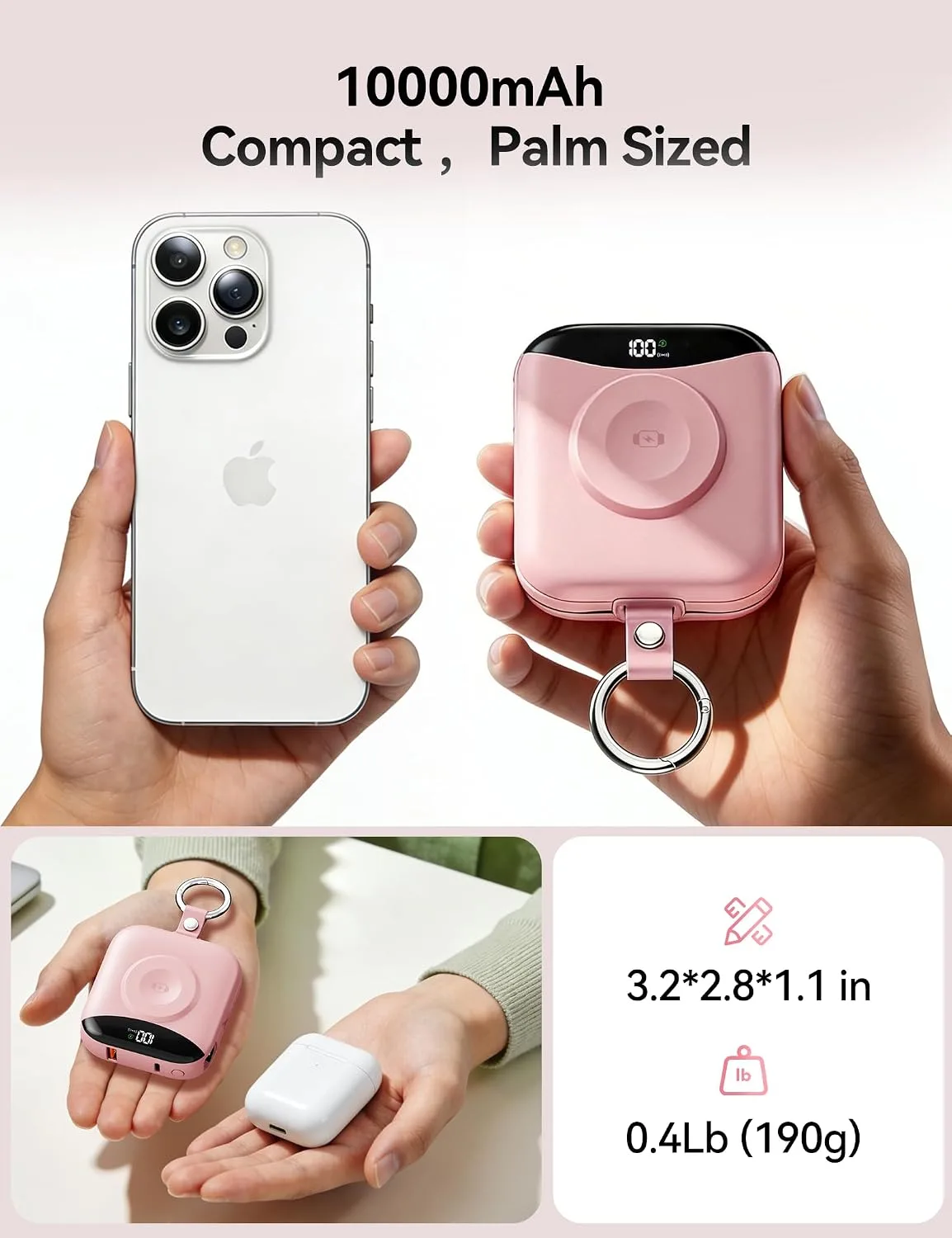 Portable Charger 10000mAh 22.5W Power Bank Built-in 2 Cables Keychain