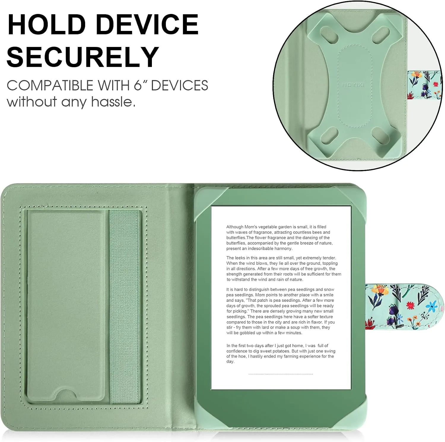 HoYiXi Universal Case for 6 inch eReader,Compatible with Kindle/Kobo Clara HD/Kobo Clara 2E/Paperwhite/Pocketbook/Tolino eReader,with HandStrap/Kickstand, Cover Case for 6'' eReaders,Green Flowers