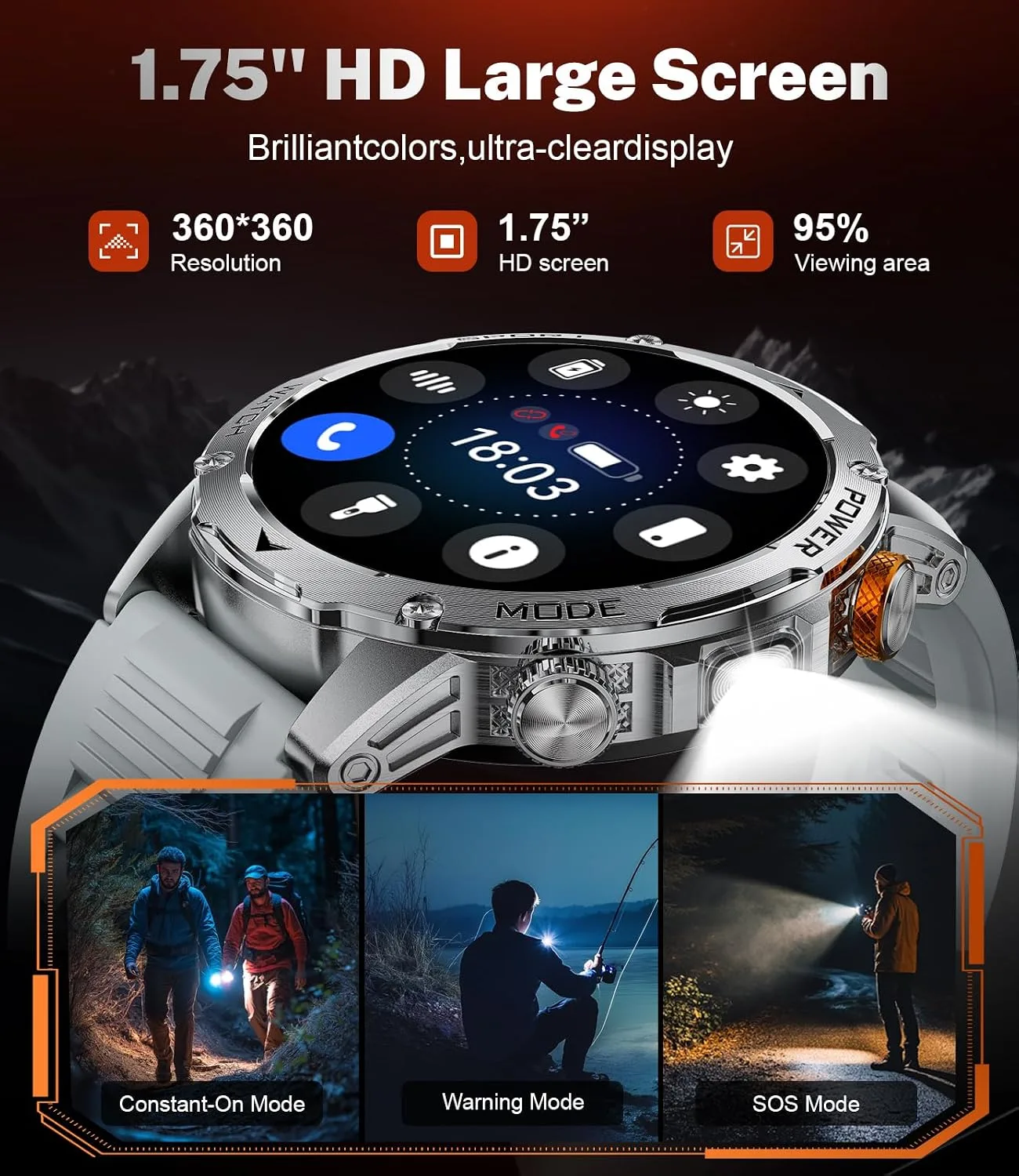 Smart Watch for Men with 1000mAh Battery/Flashlight, 1.75'' Military Smartwatch with 5ATM Waterproof/Heart Rate/Sleep Monitor,Answer Make Calls Fitness Tracker for Android iPhone Orange