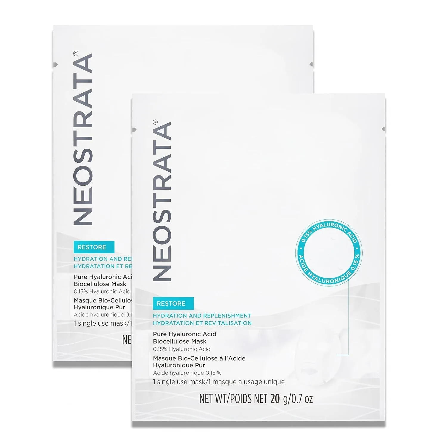 NEOSTRATA Restore Pure Hyaluronic Acid Biocellulose Face Mask, Hydrating and Plumping Single Use Sheet Mask for Dry, Sensitive Skin, 0.7 oz (Pack of 2)