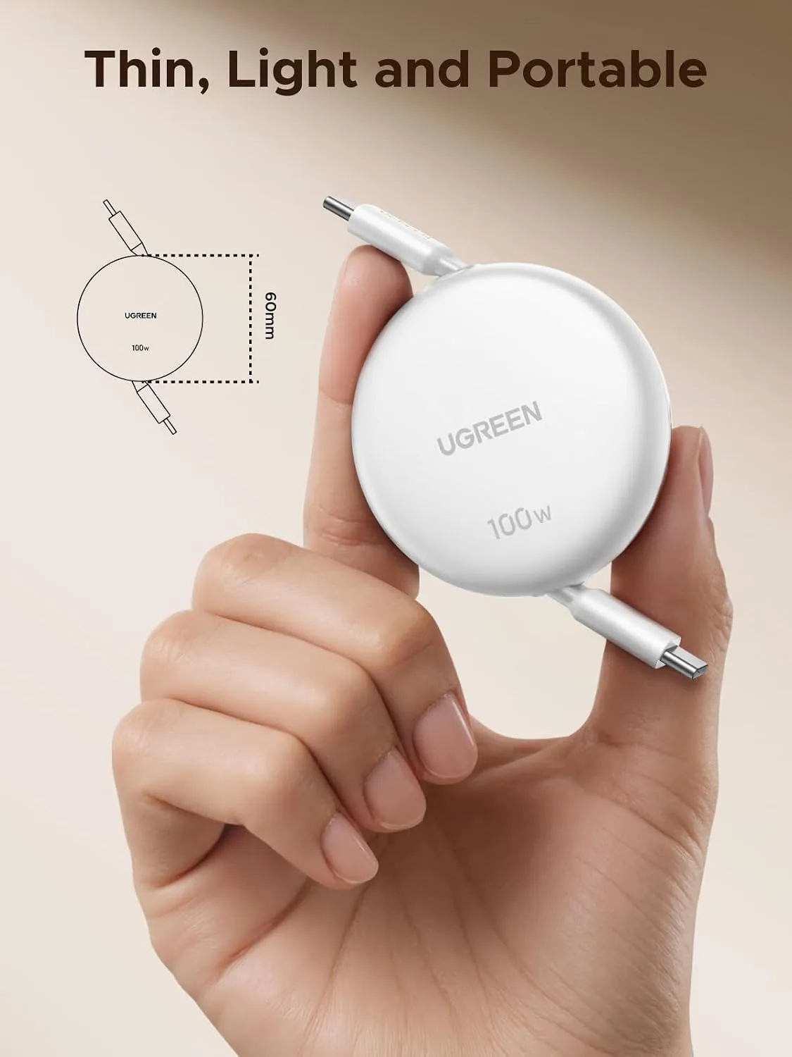 UGREEN 100W Retractable USB C Cable, Fast Charging, White, 3.3ft
