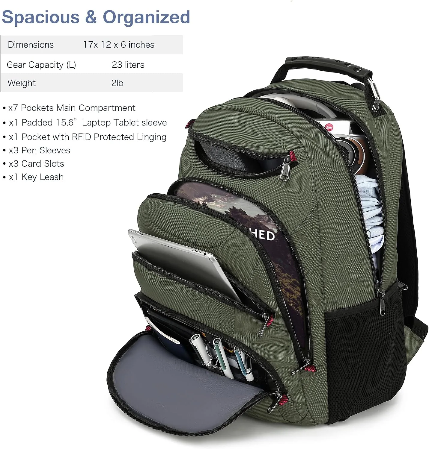 Boavan Laptop Backpack for men, 15.6 inch Laptop Bag with USB Port, Waterproof Travel Work Backpack Purse, Anti-Theft Teacher Nurse Doctor Casual Bookbags Office Business backpack,Green