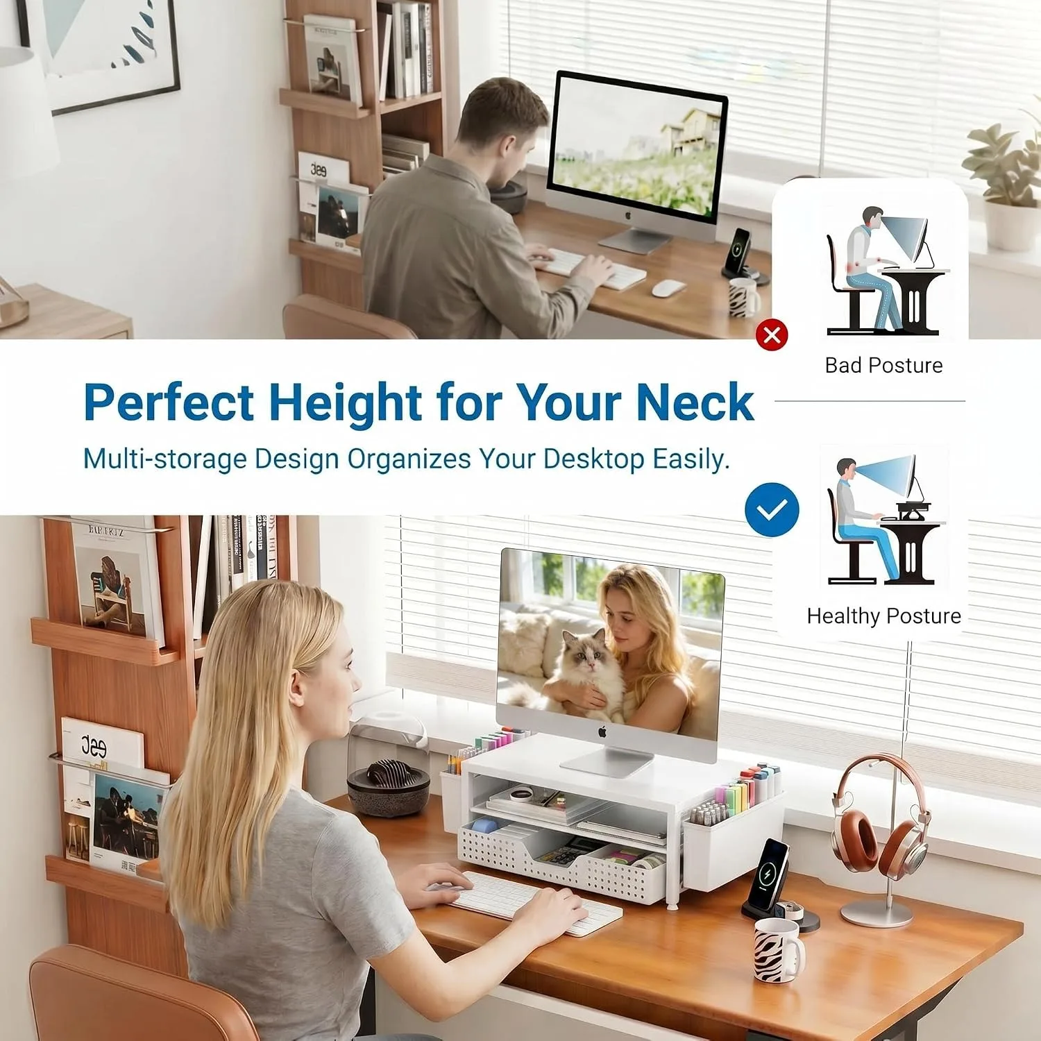 OPNICE Desk Organizer, Monitor Stand Riser with Drawer and 2 Pen Holders