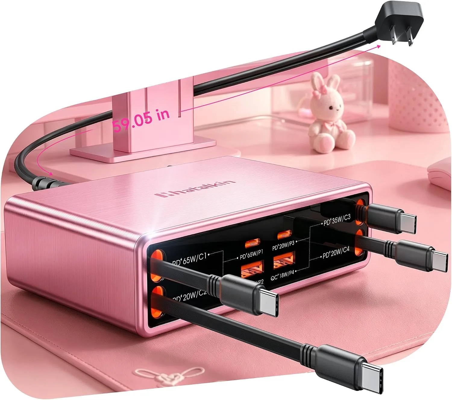 8-in-1 Charging Station for Multi Device,Fast Charger Retractable 65W Cable