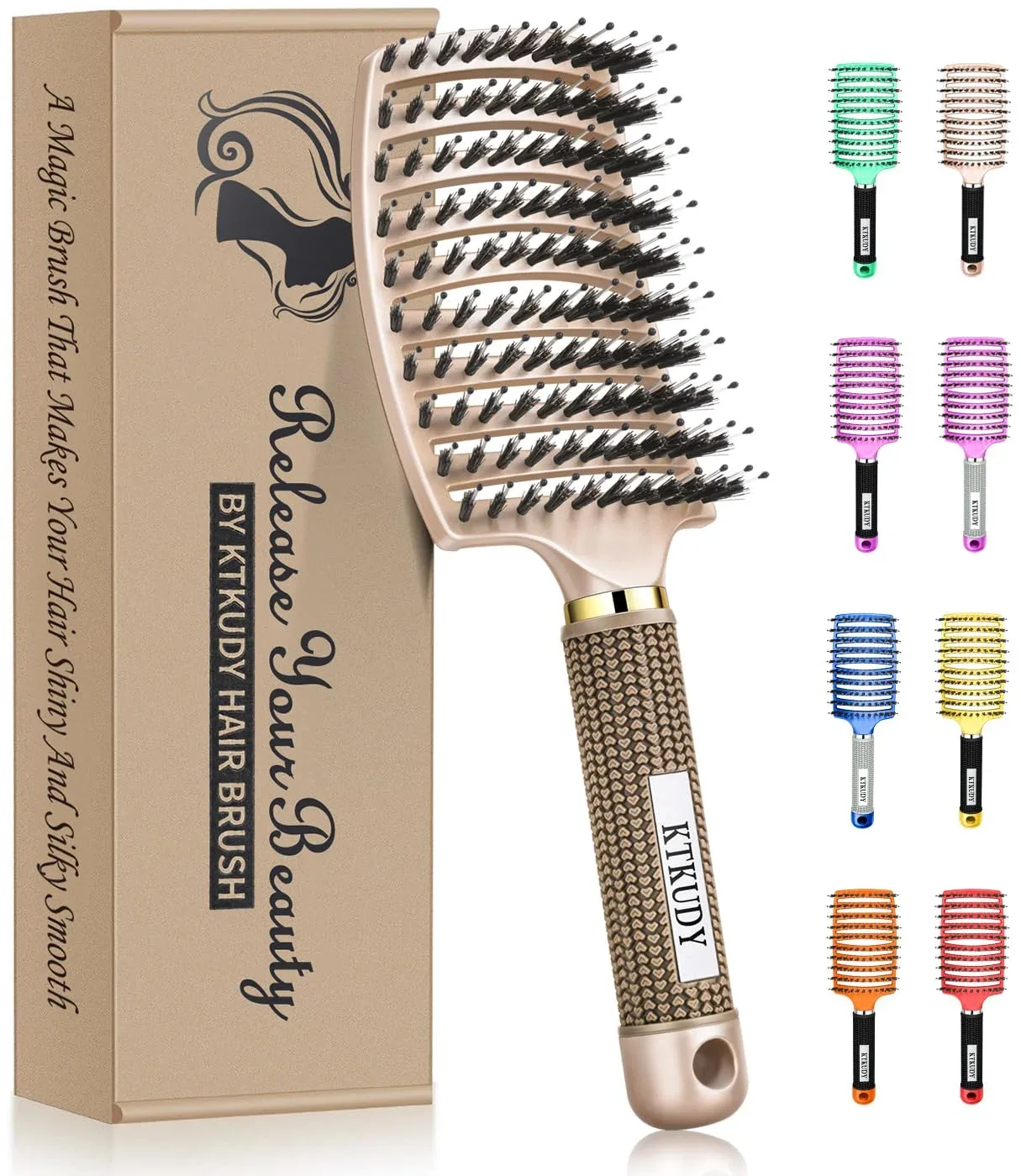 Cepillo desatanador de cerdas de jabalí para mujer y niños, cabello húmedo y seco