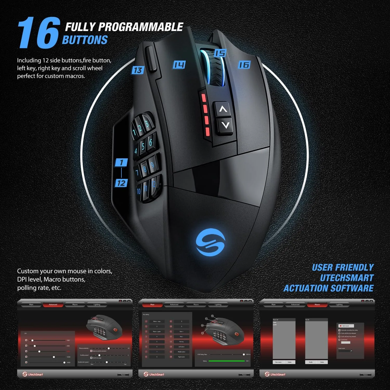 UtechSmart Venus Pro Wireless MMO Gaming Mouse - 16000 DPI RGB