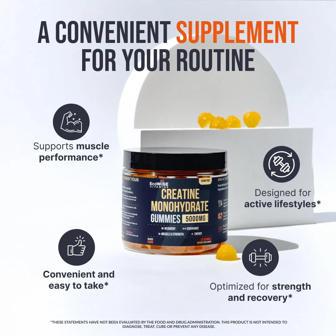 ECOWISE VITAMINS Creatine Monohydrate Gummies 5000 mg per Serving, Mango Flavor, with Turmeric Root & Black Pepper, Sugar Free, Vegan Creatine Gummies, 120 Gummies, 30 Servings