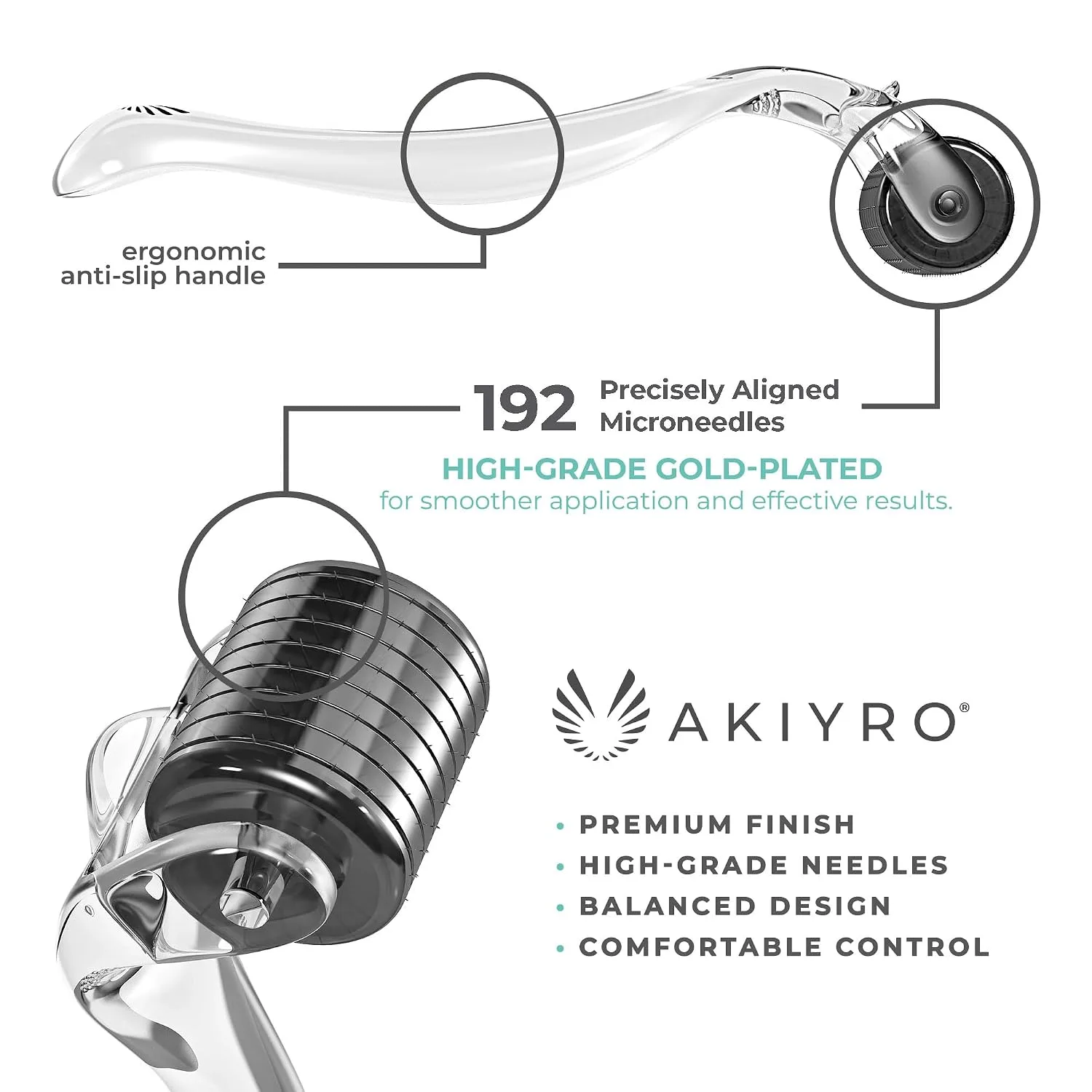AKIYRO Derma Roller 0.30mm - Microneedle Roller with Storage Case - 192 Micro Needling Dermal Tool for Face, Beard, Scalp & Body - At Home Microneedling Skin Care for Women & Men (Black)