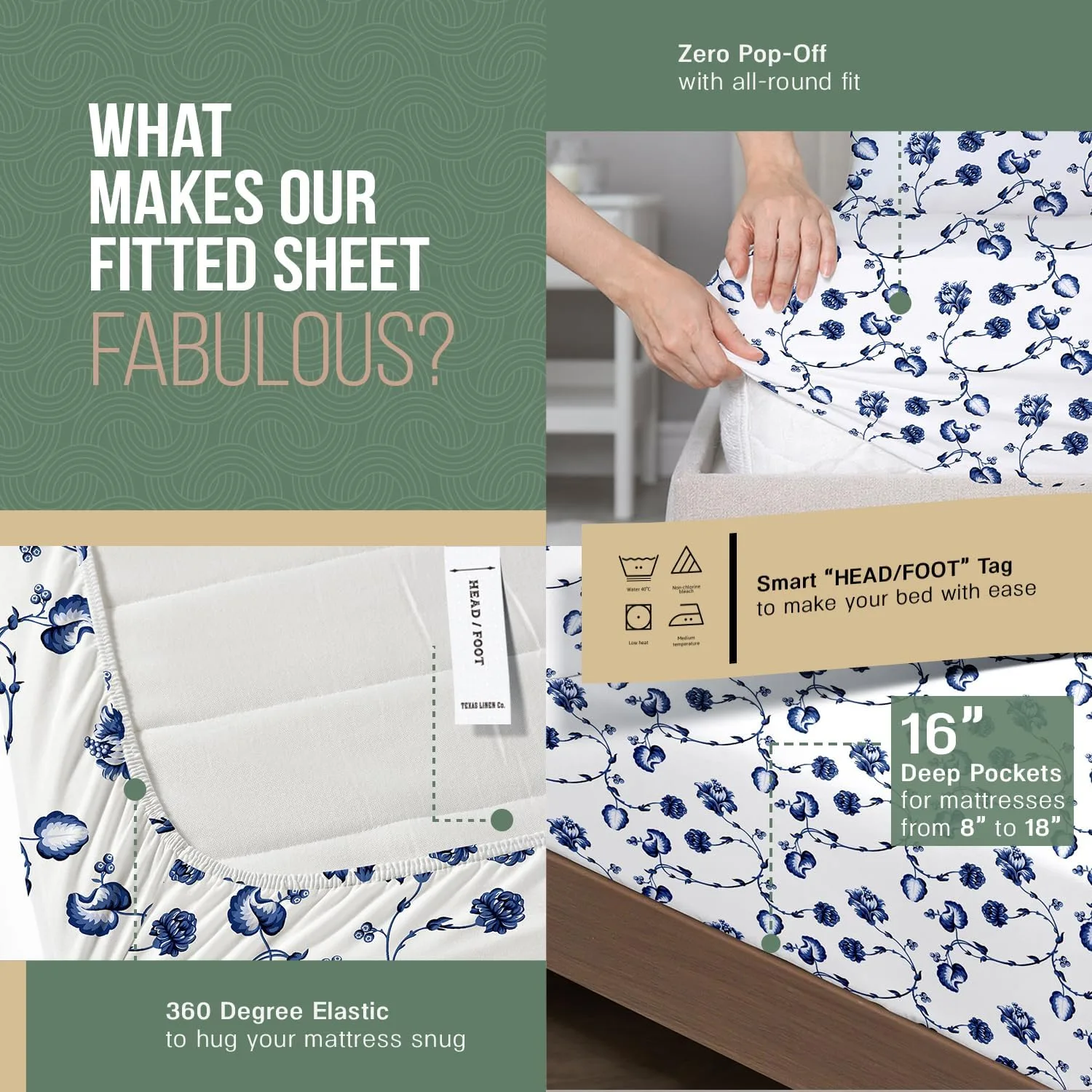 TEXAS LINEN CO. 100% Organic Cotton Printed Sheets King Size - 4 PC Organic Cotton Percale Sheets King Set (Floral Blue) Cooling & Breathable Sheet, 16" Deep Pocket Hotel Bedding - GOTS Certified