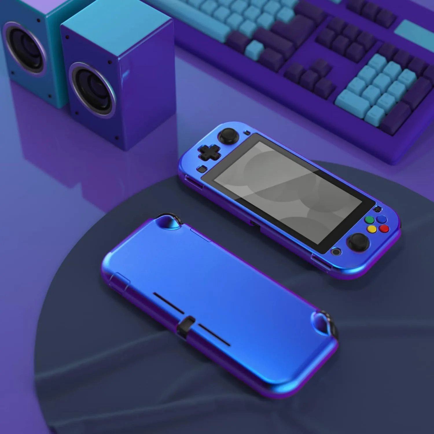 eXtremeRate PlayVital Glossy Chameleon Purple Blue Protective Case for Nintendo Switch Lite, Hard Cover Protector for Nintendo Switch Lite - 1 x Black Border Tempered Glass Screen Protector Included