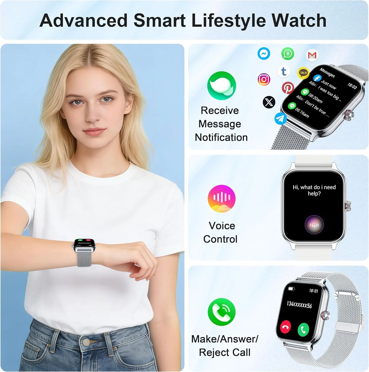Smart Watch Women Men, Answer/Make Call, 1.96'' Fitness Tracker with Blood Pressure, HR, Sleep Monitor, 110+ Sport Modes Reloj Inteligente para Mujer Smartwatch Compatible with iPhone/Samsung/Android