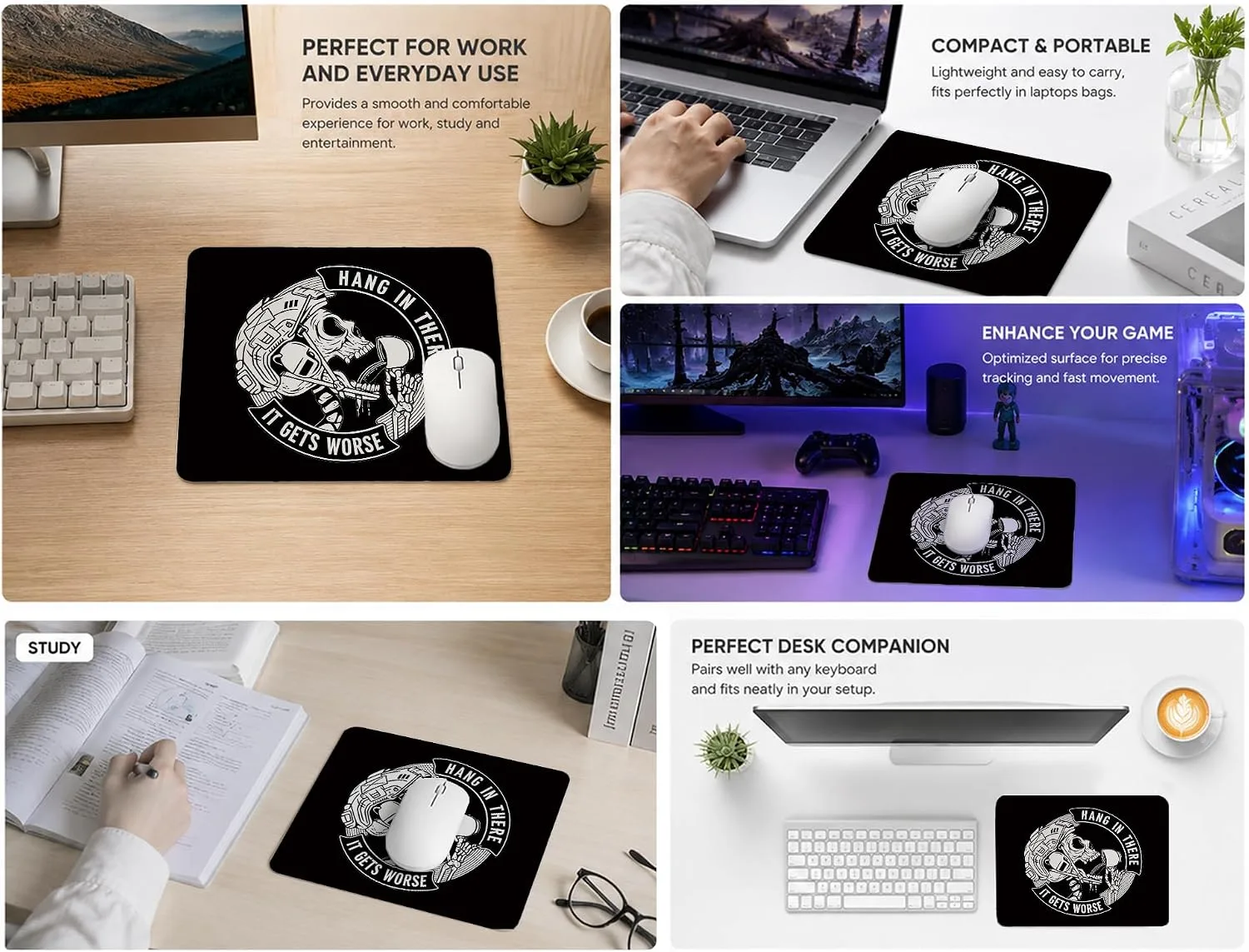 HONLUNG Gothic Mouse Pad,Funny Skull Mouse Pads,Hang in There it Gets Worse Mousepad for Home Office Workplace Desk Accessories Computers Laptop, 9.4 x 7.9 Inch