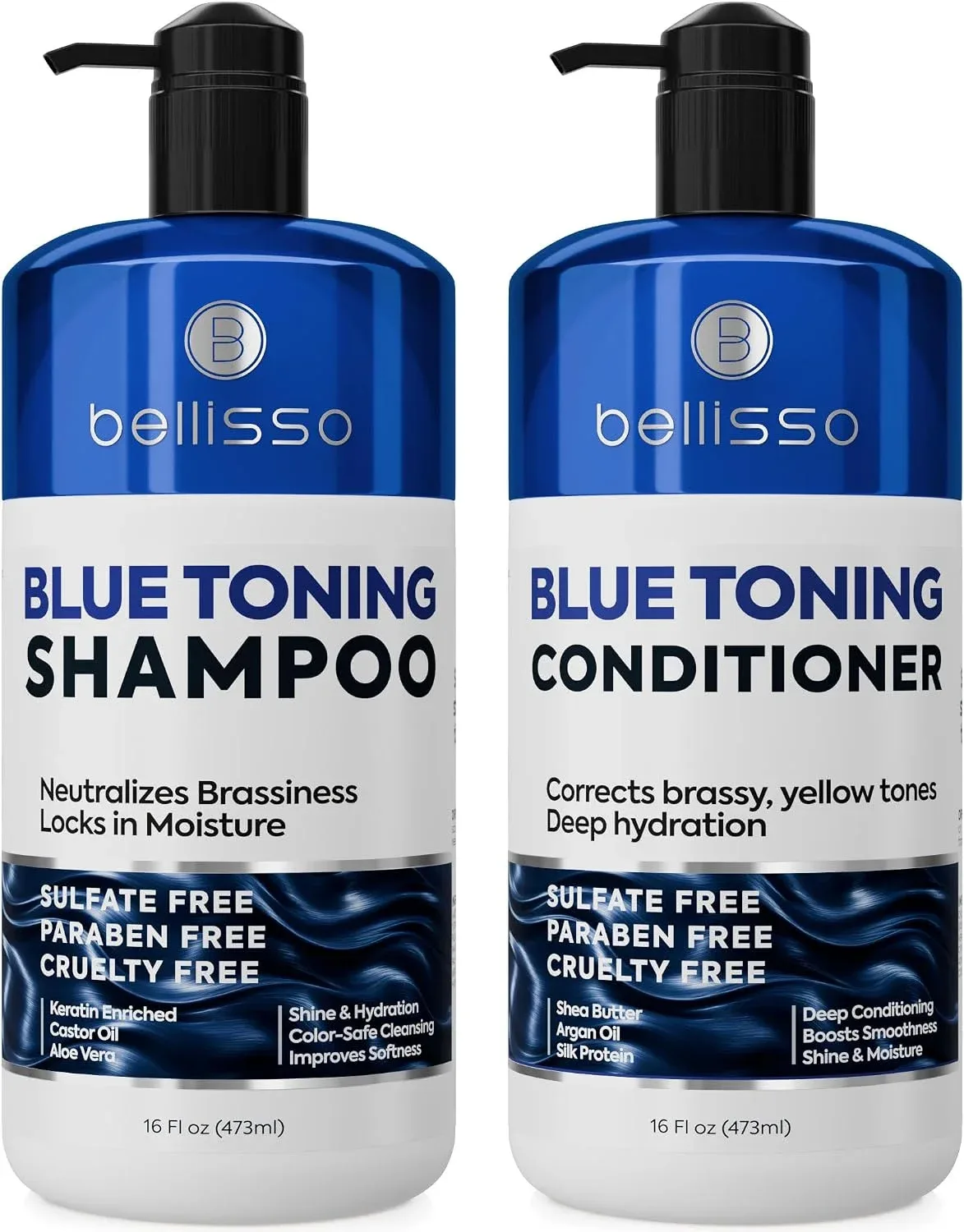 Set de Shampoo y Acondicionador Azul Bellisso Neutralizador de Tonos Naranjas 16 Fl Oz