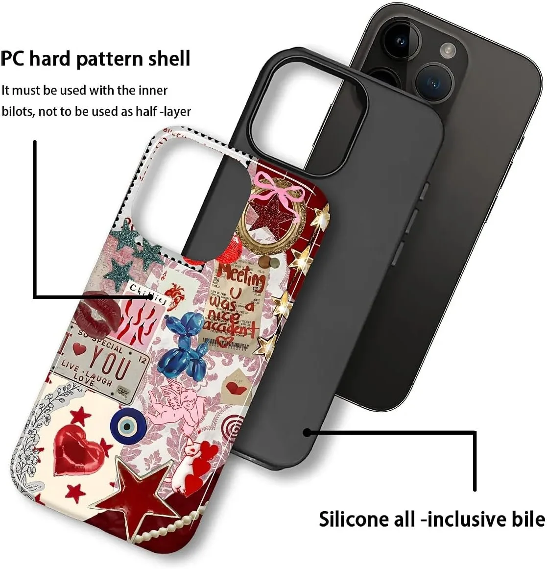 DAIZAG Case for iPhone 15,Mixed 2 Layer Design Shockproof Soft TPU Ddouble Protection Phone Case for iPhone 15-Conch Red Pearl Collage
