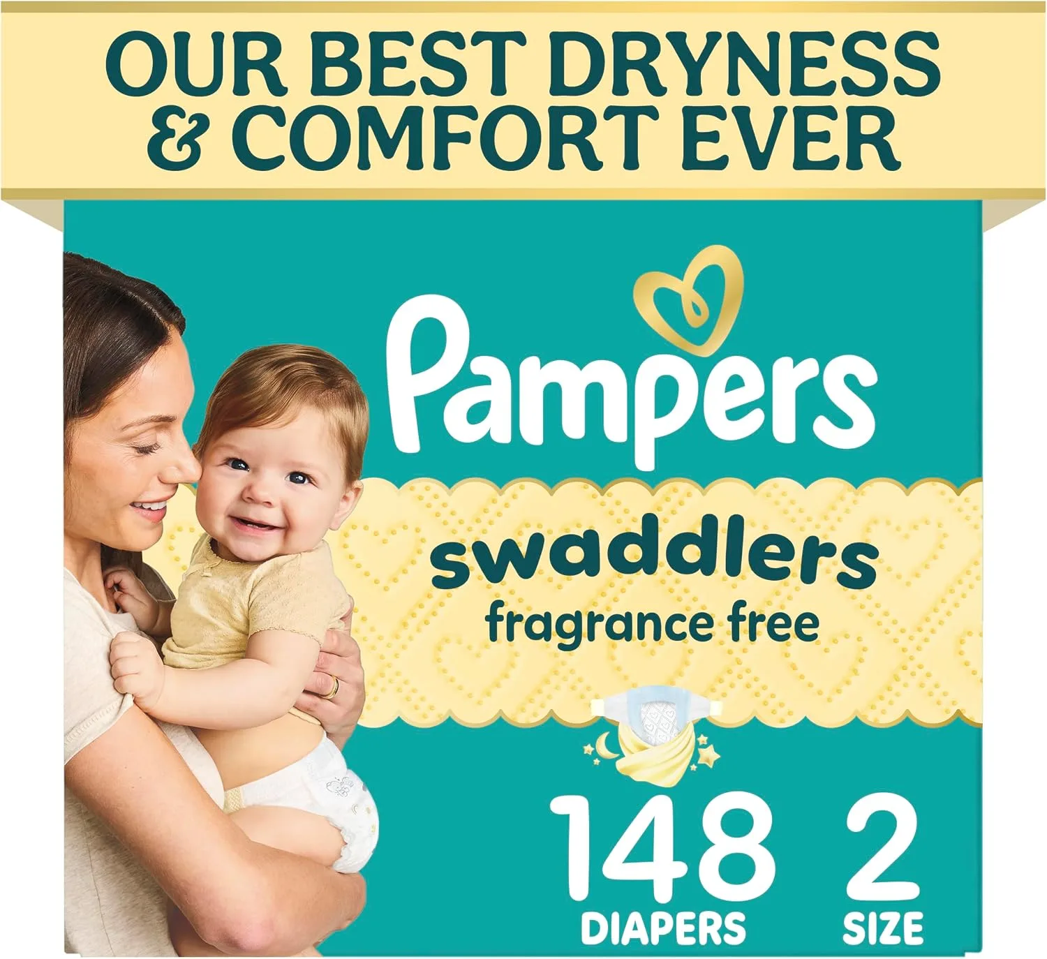 Pampers Swaddlers Diapers, Size 2 (10-22 lbs), 148 Count, Fragrance Free, Hypoallergenic, Absorbent, Pediatrician Recommended, Skin Safe