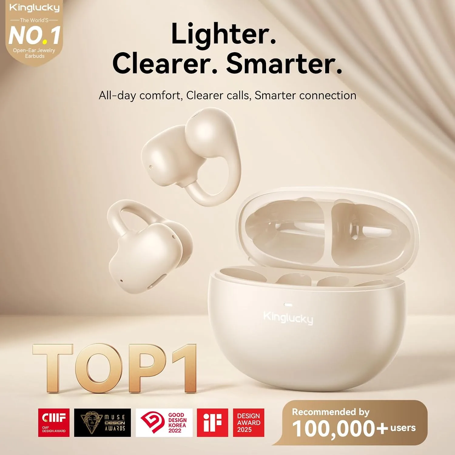 Kinglucky Upgraded Clip-On Earbuds Comfortable fit & Crystal-Clear Sound, 40H Playtime Open Ear Buds Bluetooth6.0 Wireless Headphones for Women Ideal for Small Ears,Sports,Workouts,Glasses White