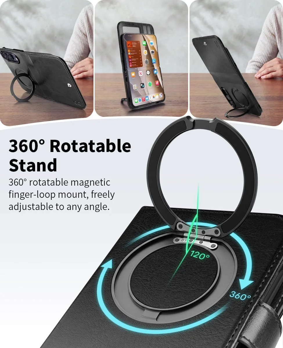 OCASE for iPhone Duo Wallet Case with Ring Stand, Card Holder, Black
