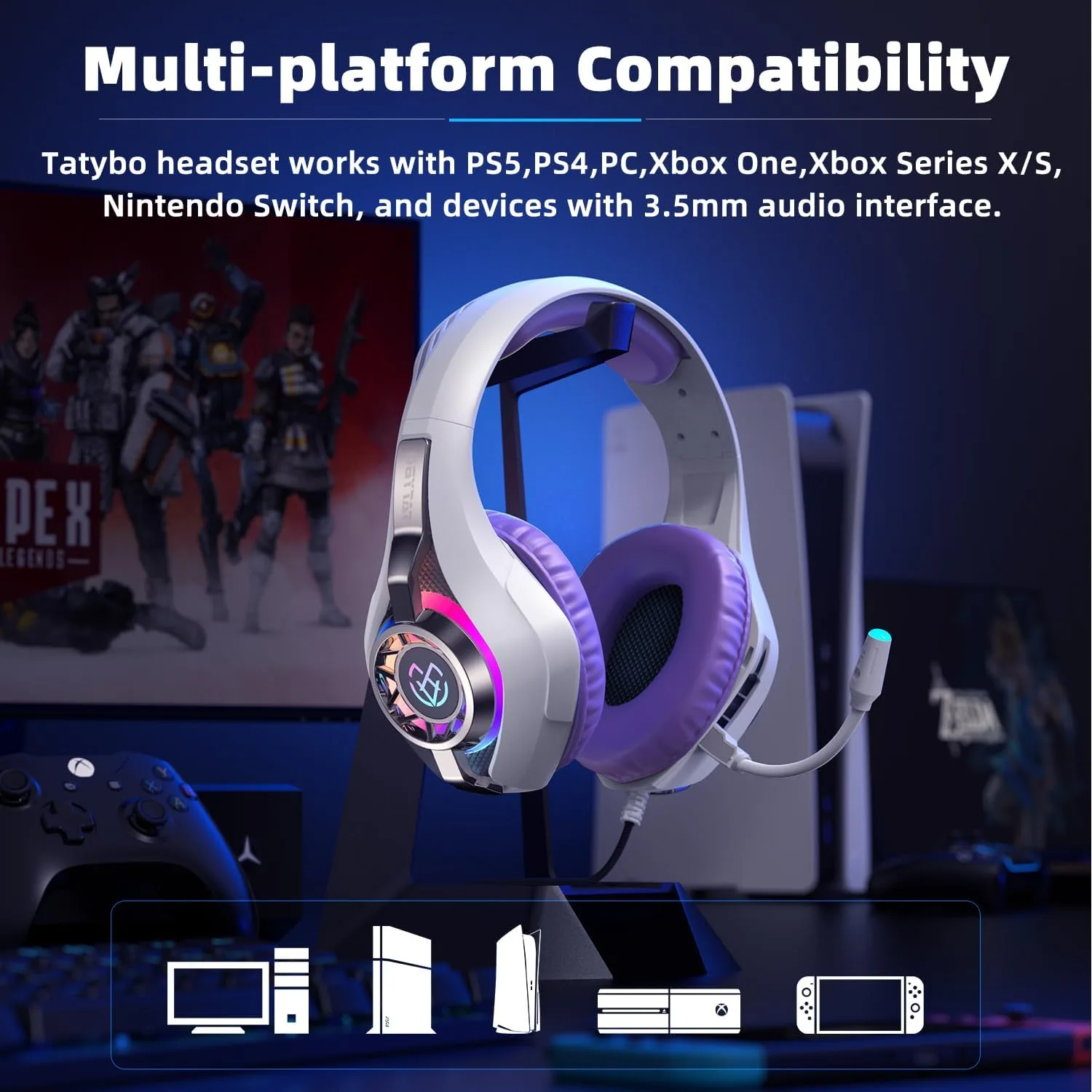Tatybo Gaming Headset for PS5 PC, Noise Canceling Mic, RGB, Purple