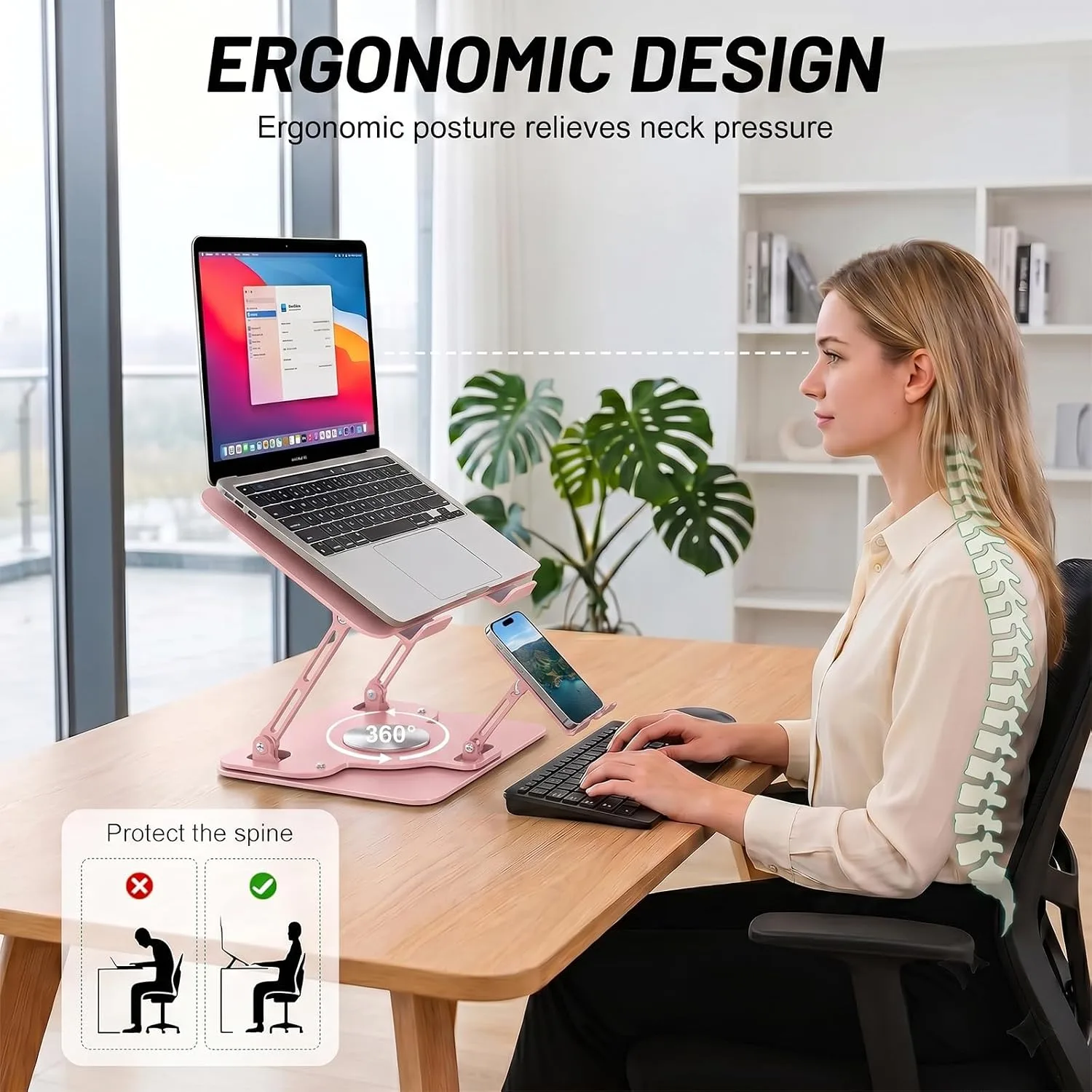 Adjustable 360°Rotating Laptop Stand, 2-in-1 Ergonomic Carbon Steel Laptop Riser with Detachable Phone Holder, Hollow Cooling Notebook Stand Fits 12.9-18 Inch Laptops (Pink)