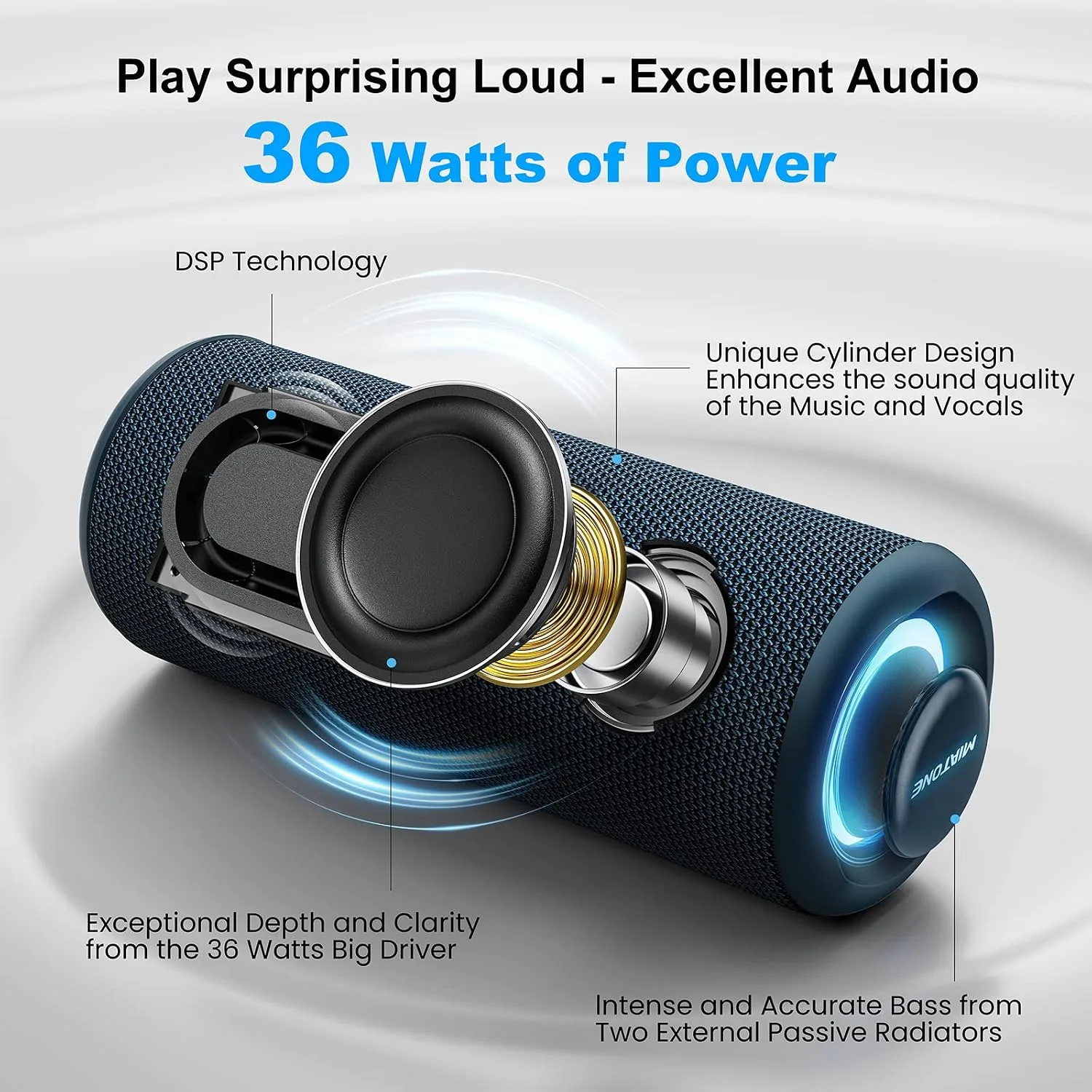 MIATONE Bluetooth Speaker 36W Stereo Sound Bass Present Boy Gifts - Blue