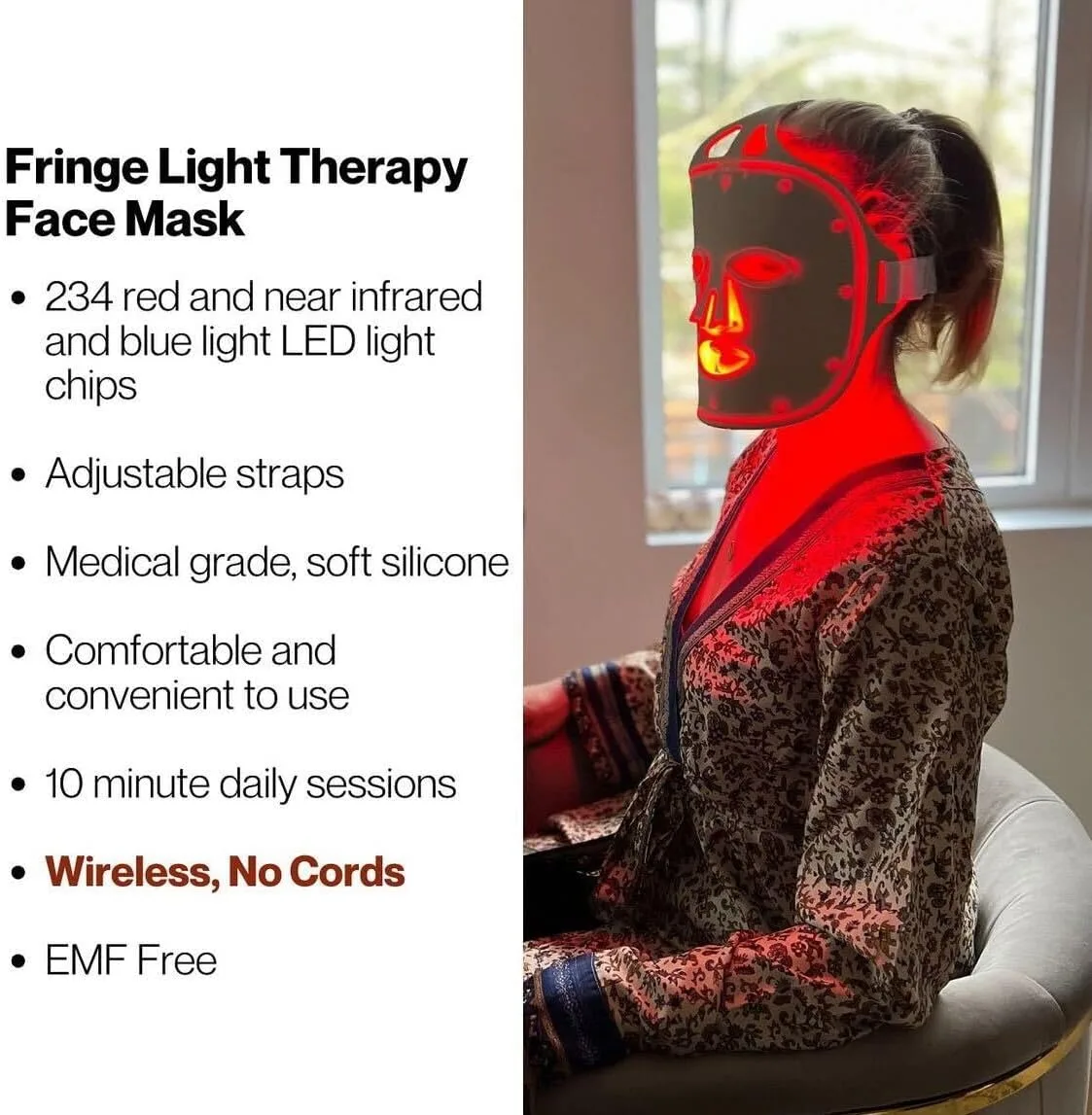 Fringe Red Face Mask, Both Red 630nm and Infrared 830nm for Rejuvenation & Blue 415nm for Blemishes, Beauty Mask, for Fine Lines and Wrinkles, 234 LED Lights