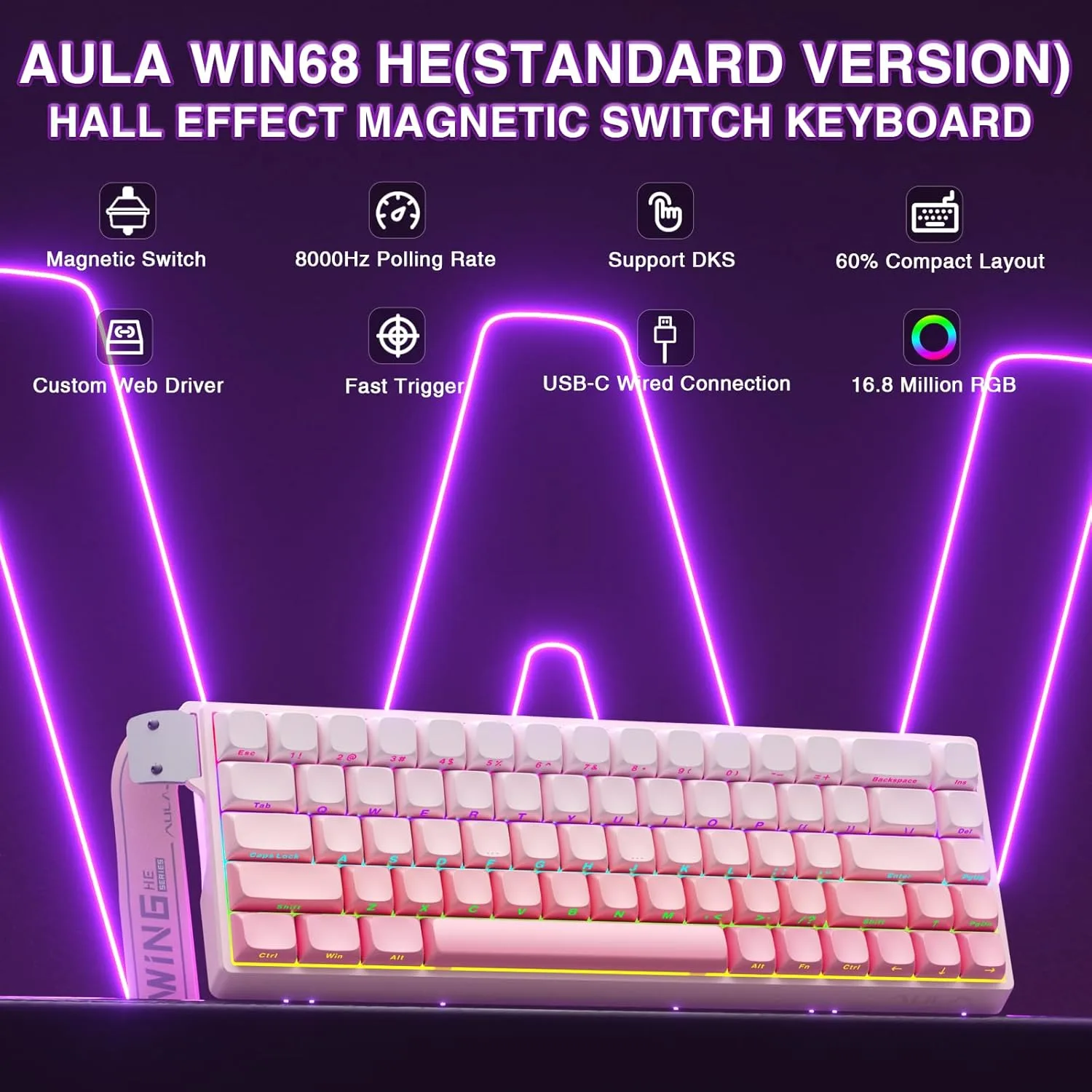 AULA WIN68 HE Mechanical Gaming Keyboard 60%, Hall Effect Magnetic Switch, Fast Trigger Mode Adjustable Actuation, 8000Hz Polling Rate, RGB Backlit, Wired Pink Keyboard for Laptop/PC Gamer