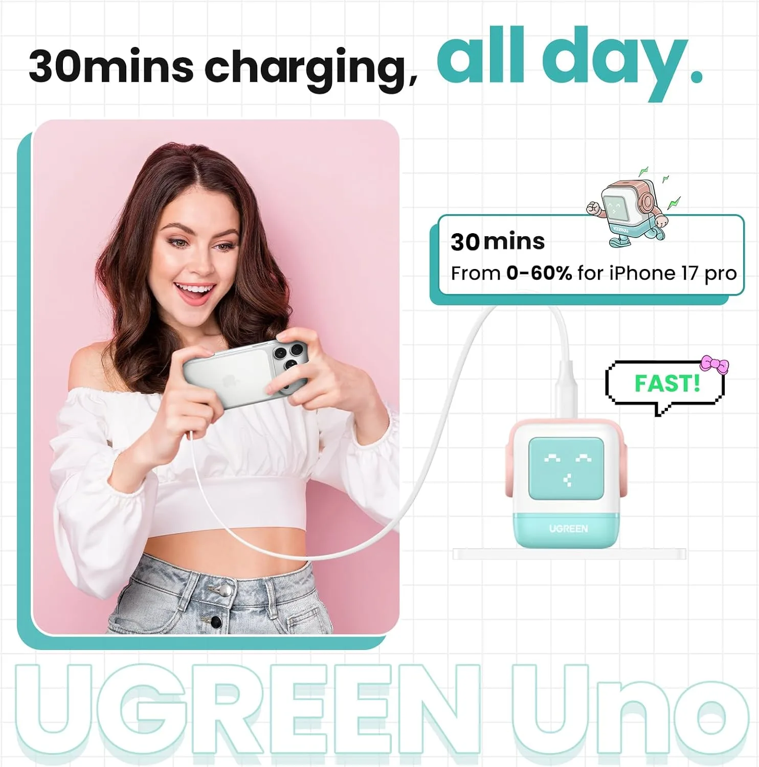 UGREEN Uno 30W USB C Charger, Compact Robot GaN Fast Charging Block, Green