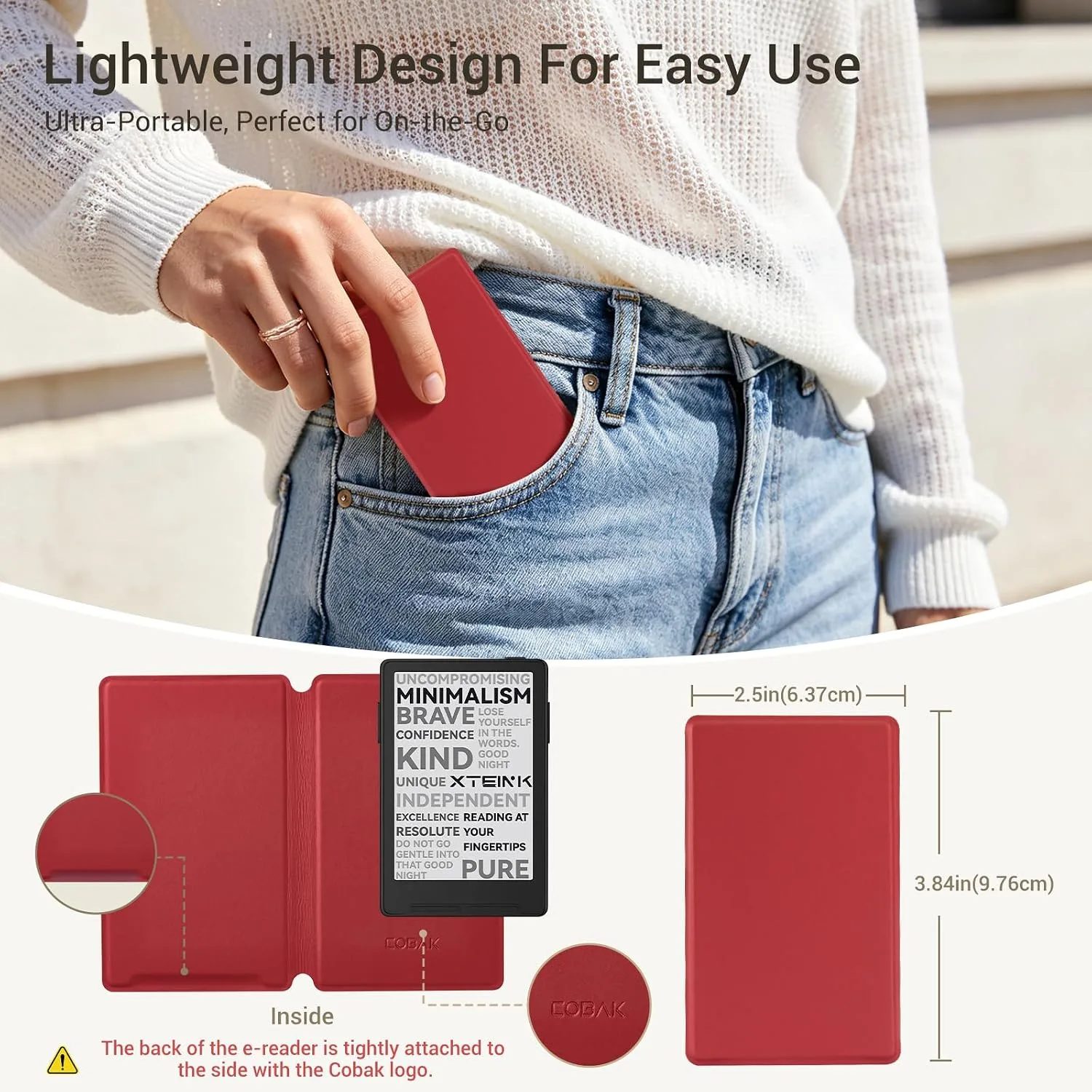 CoBak Magnetic Case for XTEINK X3 eBook Reader, 3.7" Ultra-Lightweight PU Leather Cover(Red)