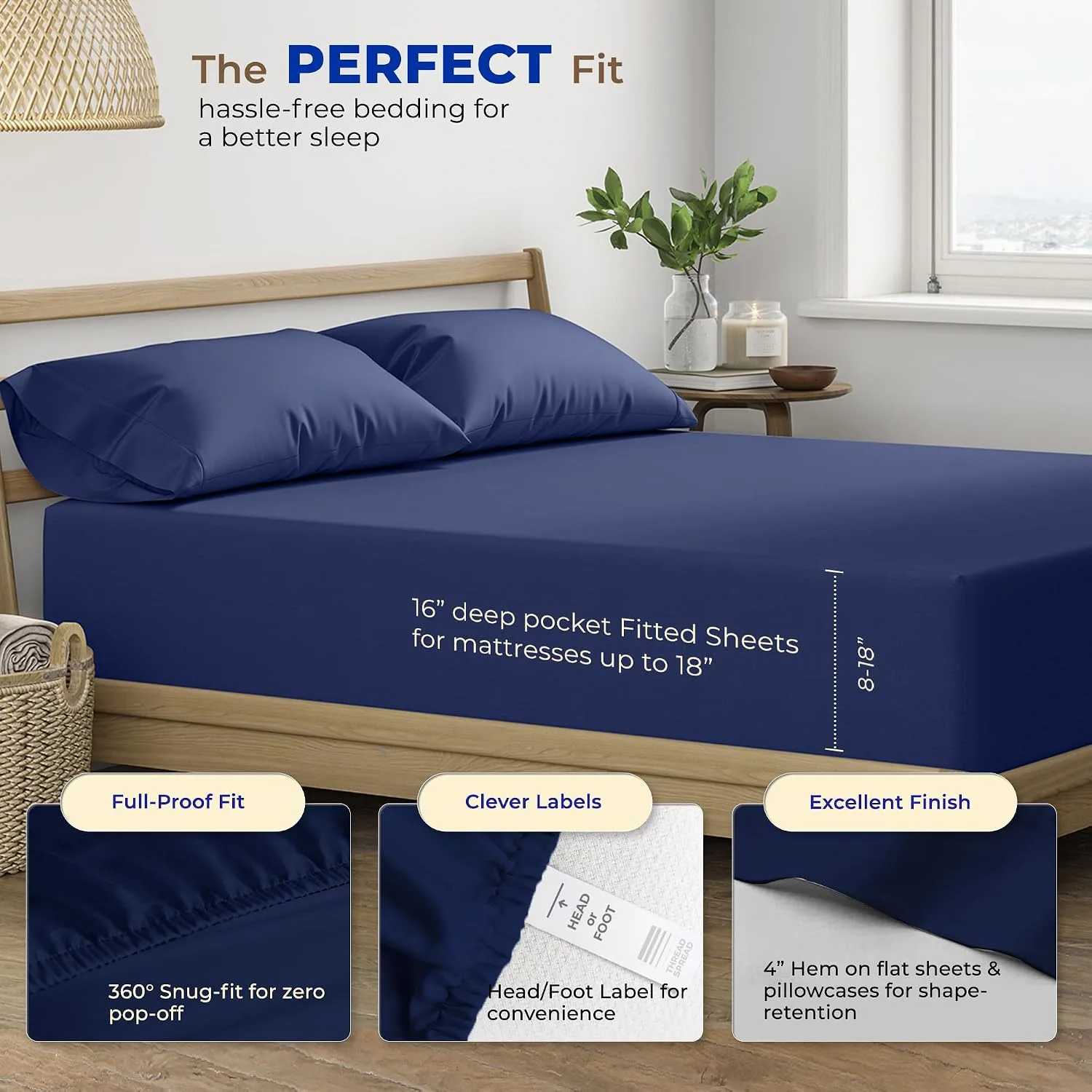 Thread Spread Egyptian Cotton Sheets King Size - Luxury 600 Series King Size Sheets Set (4 PC, Navy Blue), 16" Deep Pocket All Around Elastic, Soft, Cooling, Sateen Weave, Durable Hotel Bed Sheet Sets