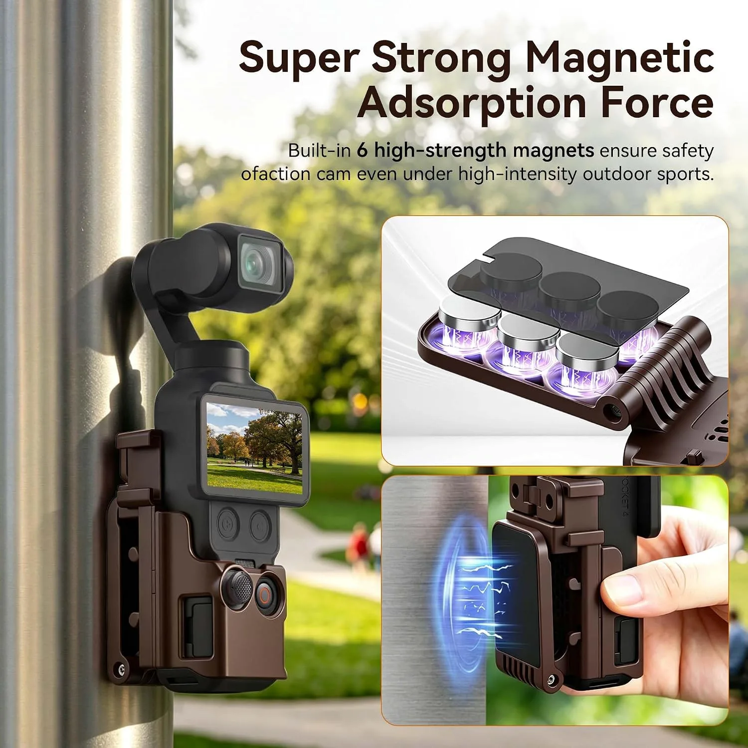 AMAZEAR Magnetic Mount Stand Compatible with DJI Osmo Pocket 4P/4/3/Xtra Muse, Pocket4 Accessories Adapter Clamp Magnet Suction Case Holder on Desktop/Vertical Surface, 180° Adjustable Handle, Brown