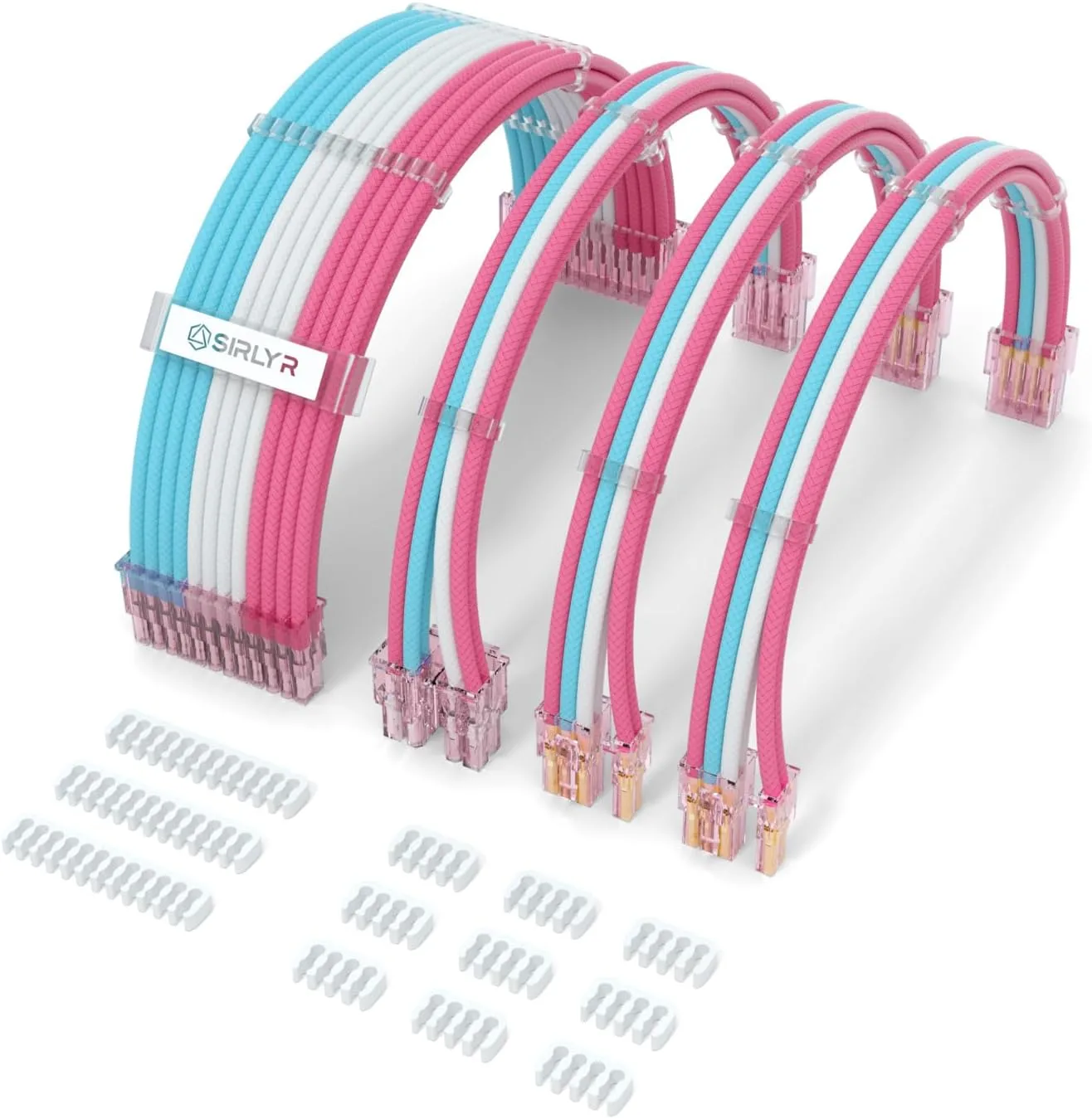 Sirlyr Pre-Bend PSU Extension Cables,24/8Pin,Pink/Blue/White