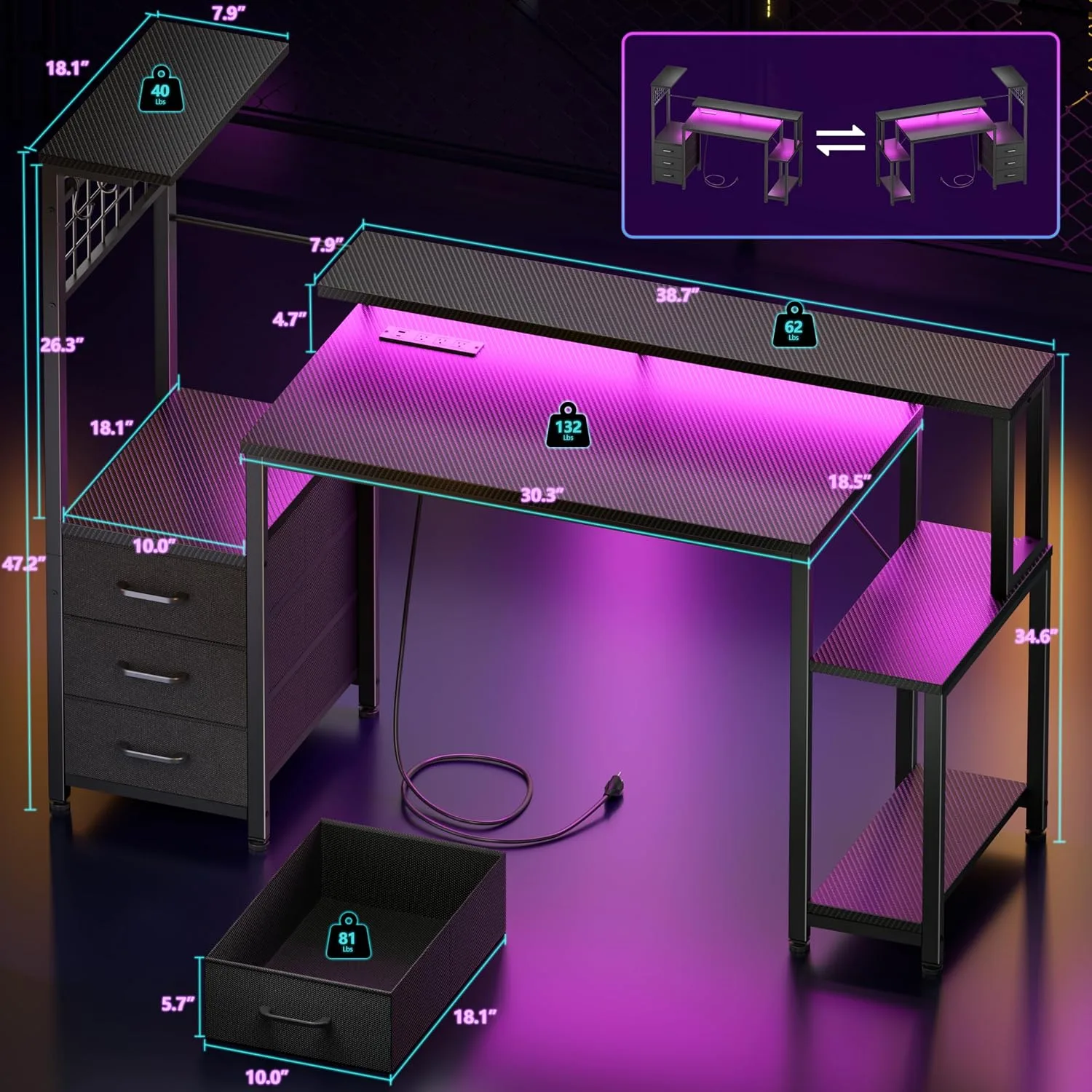 Korfile 48" Gaming Desk with Power Outlet, LED, Carbon Fiber Black Finish