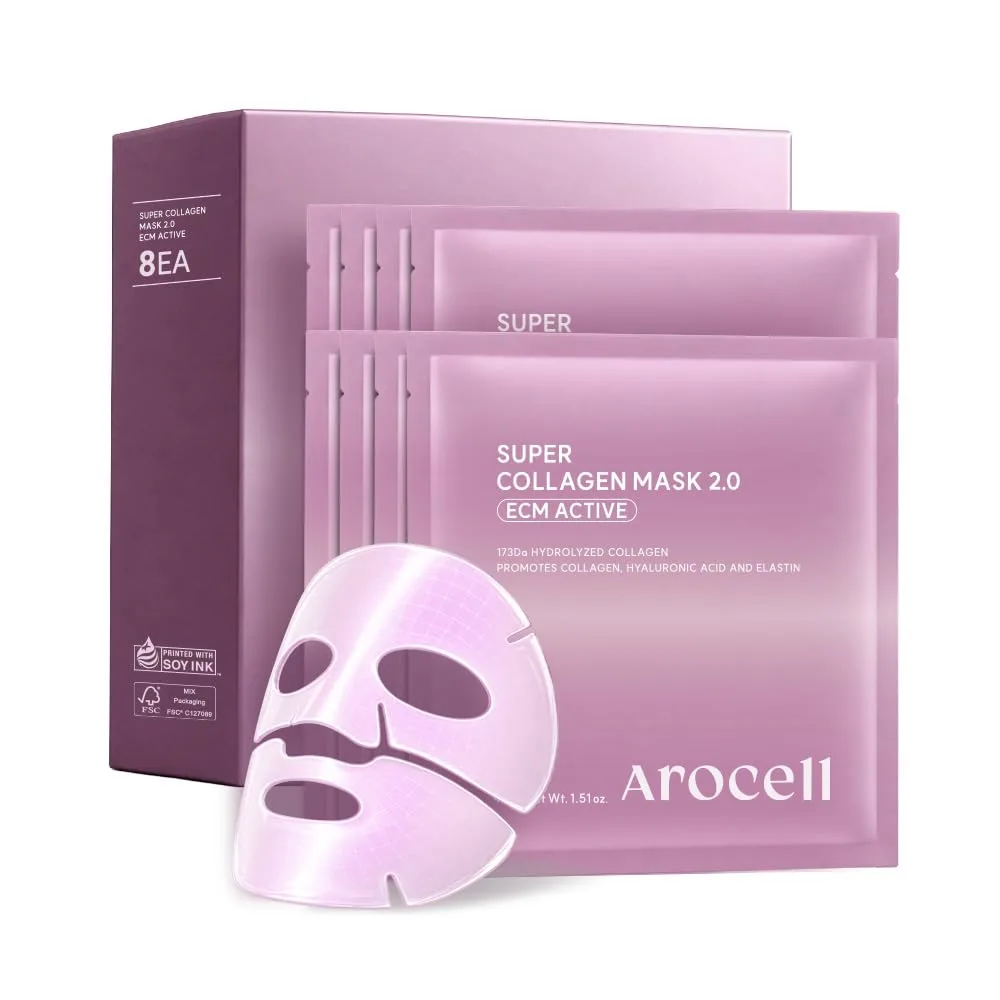AROCELL Super Collagen 2.0 ECM Active Overnight Collagen Mask with 173Da Collagen, PDRN & NAD | Firming, Lifting, Plumping & Elasticity | Korean Glass Skin Care | 43g x 8
