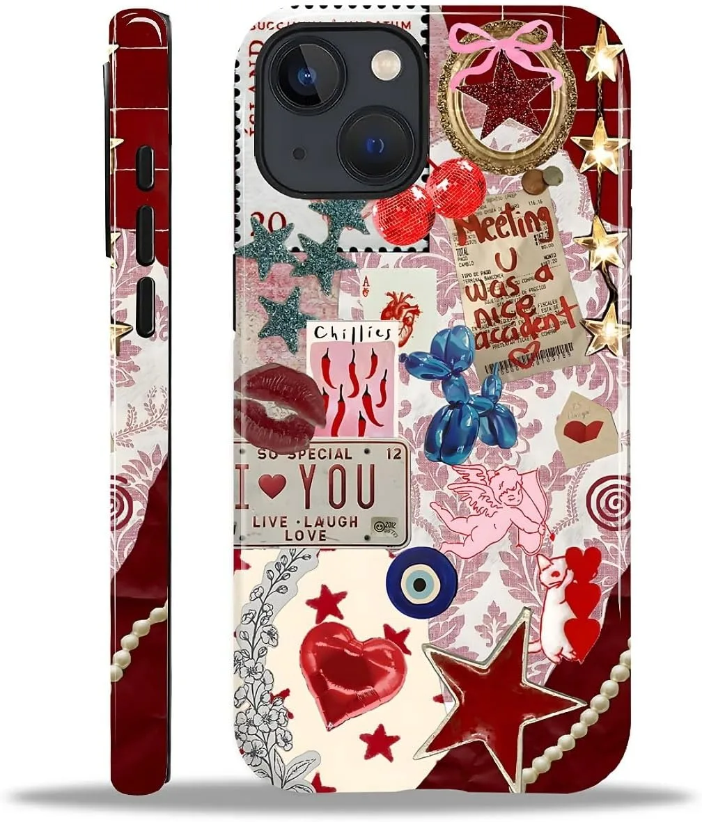 DAIZAG Case for iPhone 15 Plus,Mixed 2 Layer Design Shockproof Soft TPU Ddouble Protection Phone Case for iPhone 15 Plus-Conch Red Pearl Collage