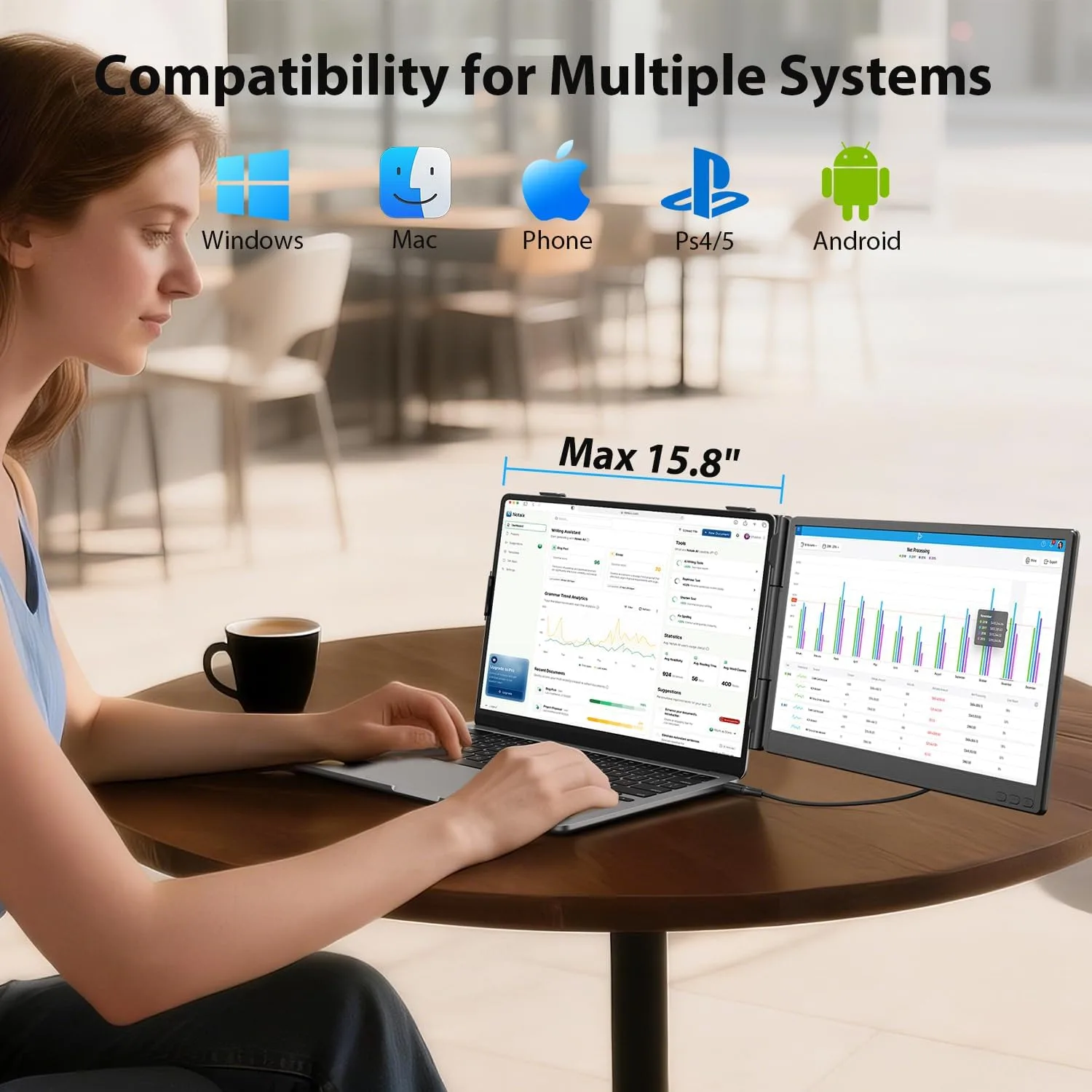 APILDELLA 14'' Dual Laptop Screen Extender, 1080P FHD Laptop Extended Monitor Portable with Speaker, Plug-Play Second Monitor for 13-16'' Laptops, Work with Mac, Window, Chrome