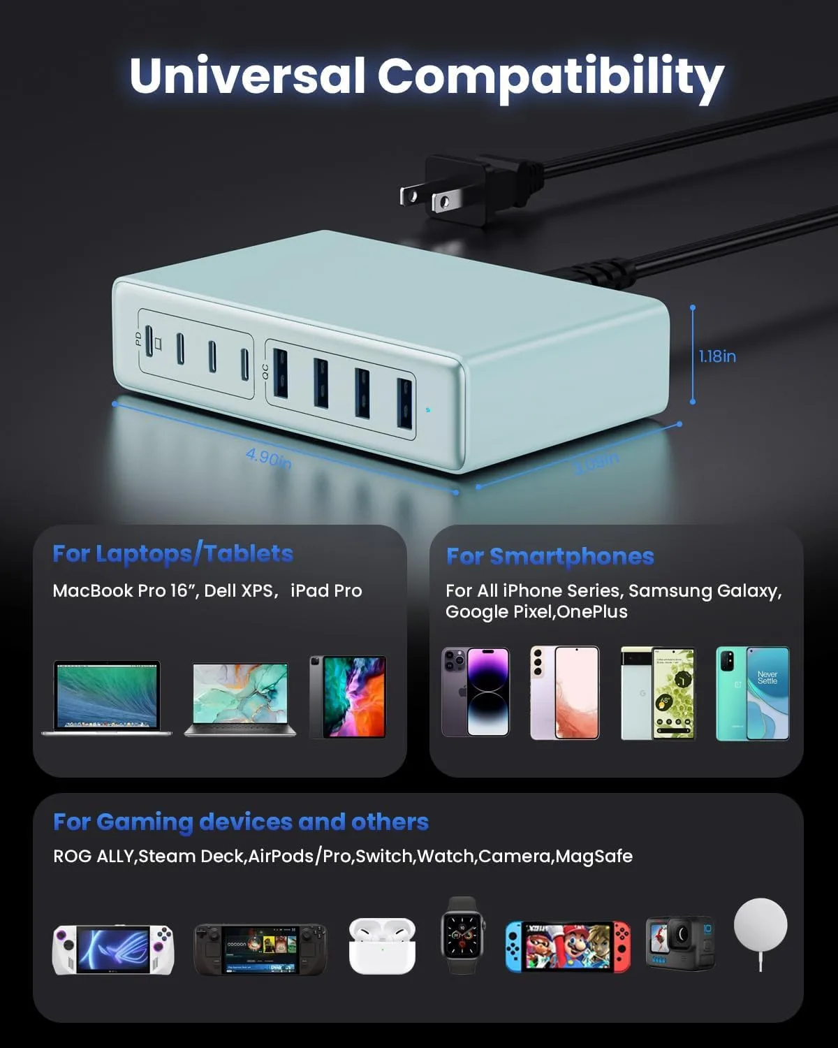 USB C Charger 200W USB C Charger Block,Upgraded GaN III 8-Port Fast Charging Station Hub,PD 65W Laptop Charging Adapter Compatible with MacBook Pro/Air,DELL,Steam Deck,iPhone 16/15/14,Galaxy S23/22