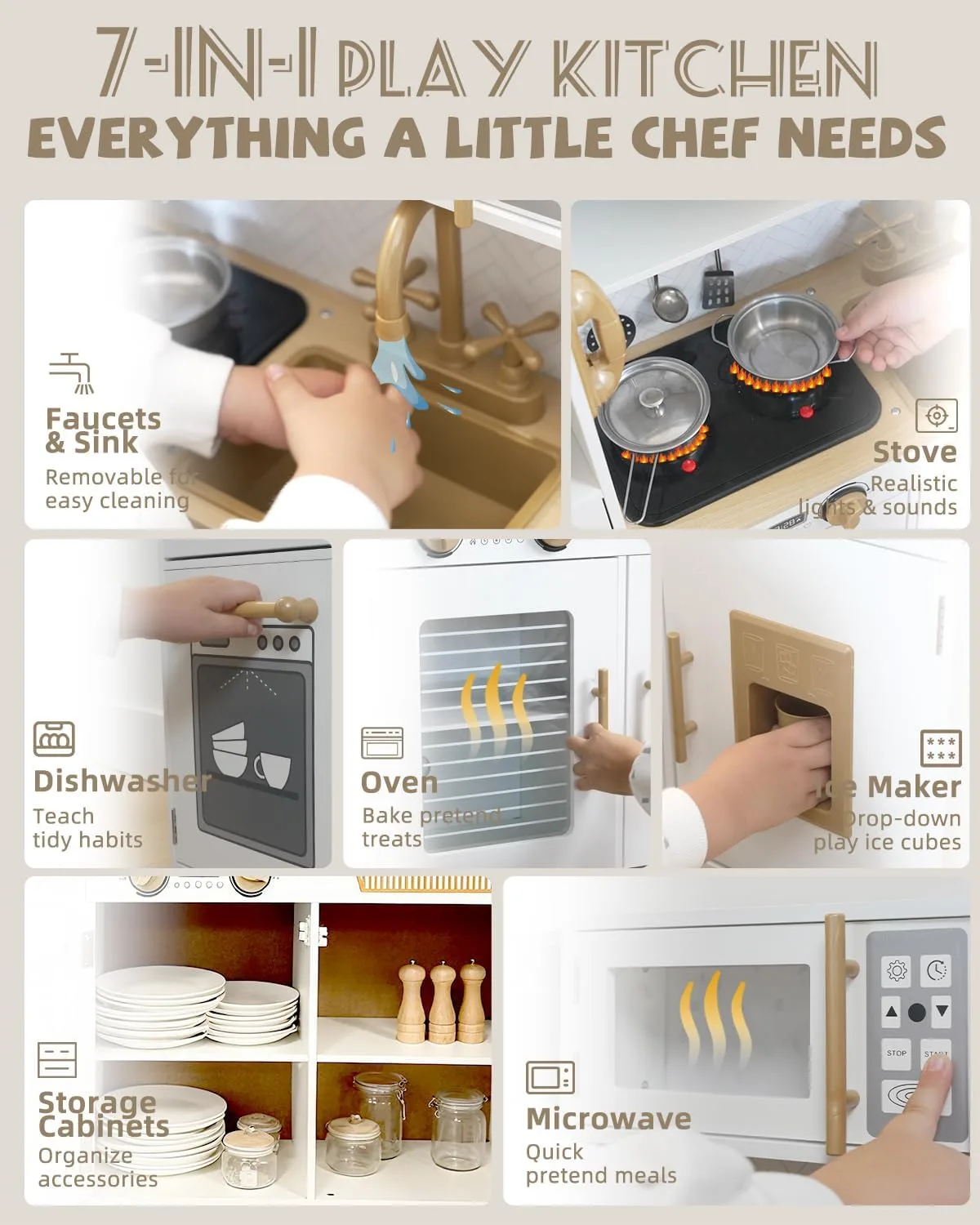 YUG Heavy-Duty Wooden Play Kitchen Set with Real Lights & Sounds, Compliant Premium Pretend Kitchen Toy Including Stove, Oven, Ice Maker, Range Hood, for Kids Ages 3+, ASTM CPSIA Compliant