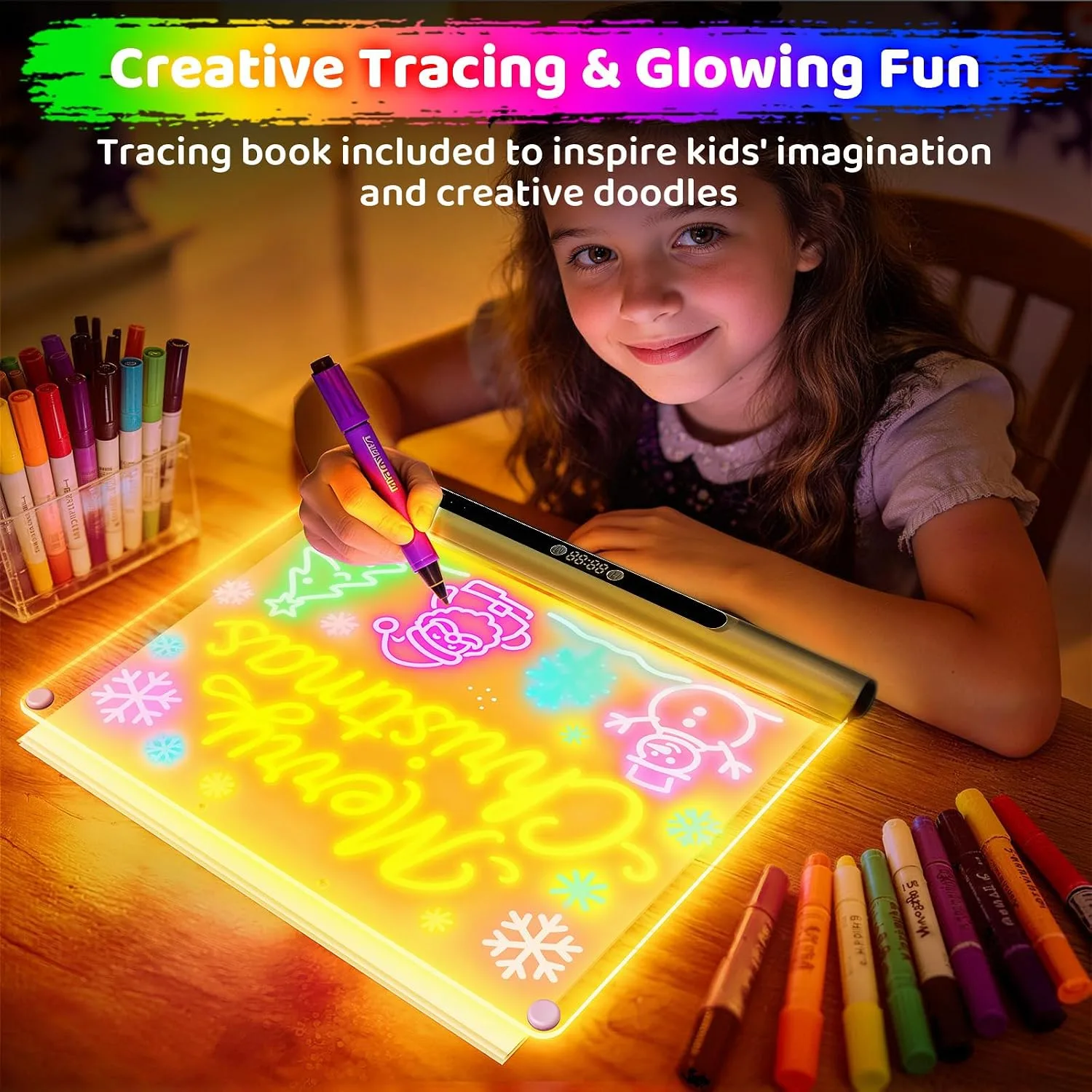 Geokay 16“ Rechargeable LED Drawing Board, 9-Color Light Modes with Timer