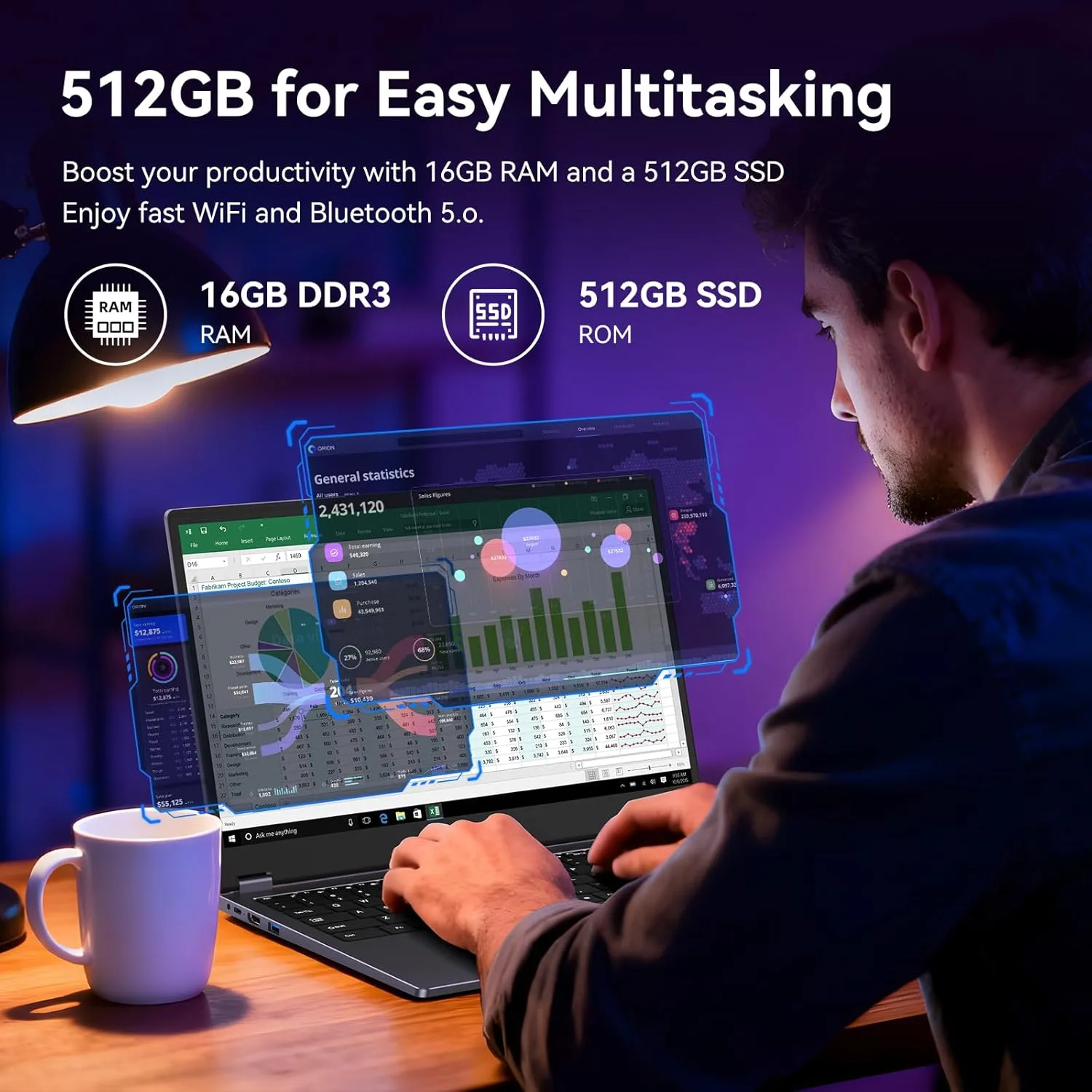 15.6" 2-in-1 Laptop/Tablet, 360° Flip FHD Touchscreen, Intel Core m3-8100Y up to 3.4GHz, 16GB RAM 512GB SSD, Win11, Deep Purple for Student Note-Taking, Design, Entertainment