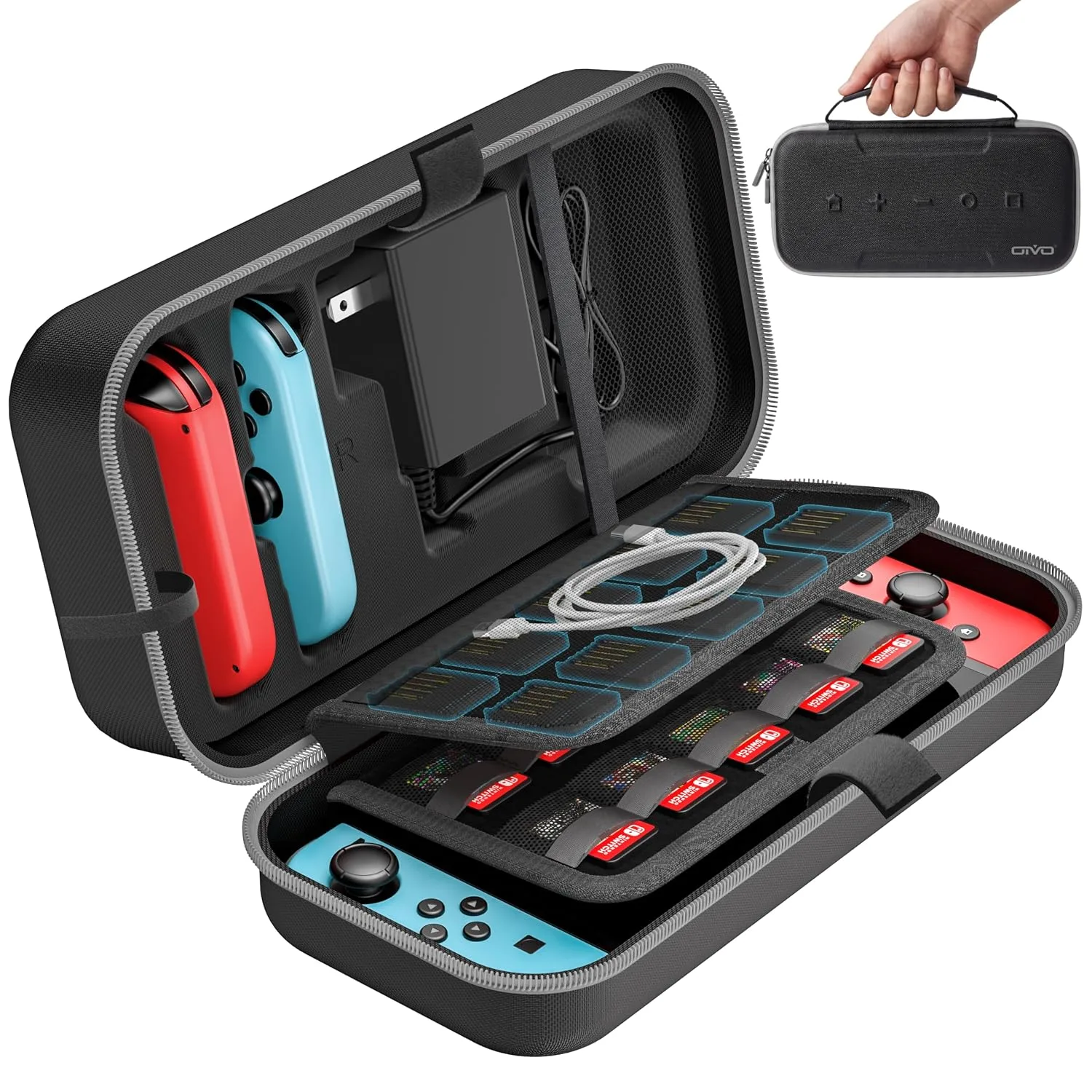 OIVO Switch 1 Carrying Case Compatible with Nintendo & OLED, Portable Switch Travel Carry Case Fit for Joy-Con and Adapter, Hard Shell Protective OLED Pouch Bag with 20 Games, Grey