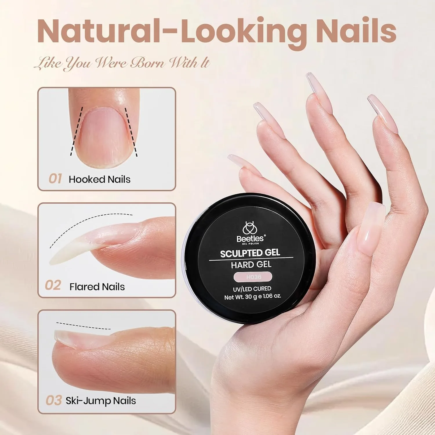 Beetles Hard Gel Clear Nude Brown, Bare Veil with Medium Square Nail Tips