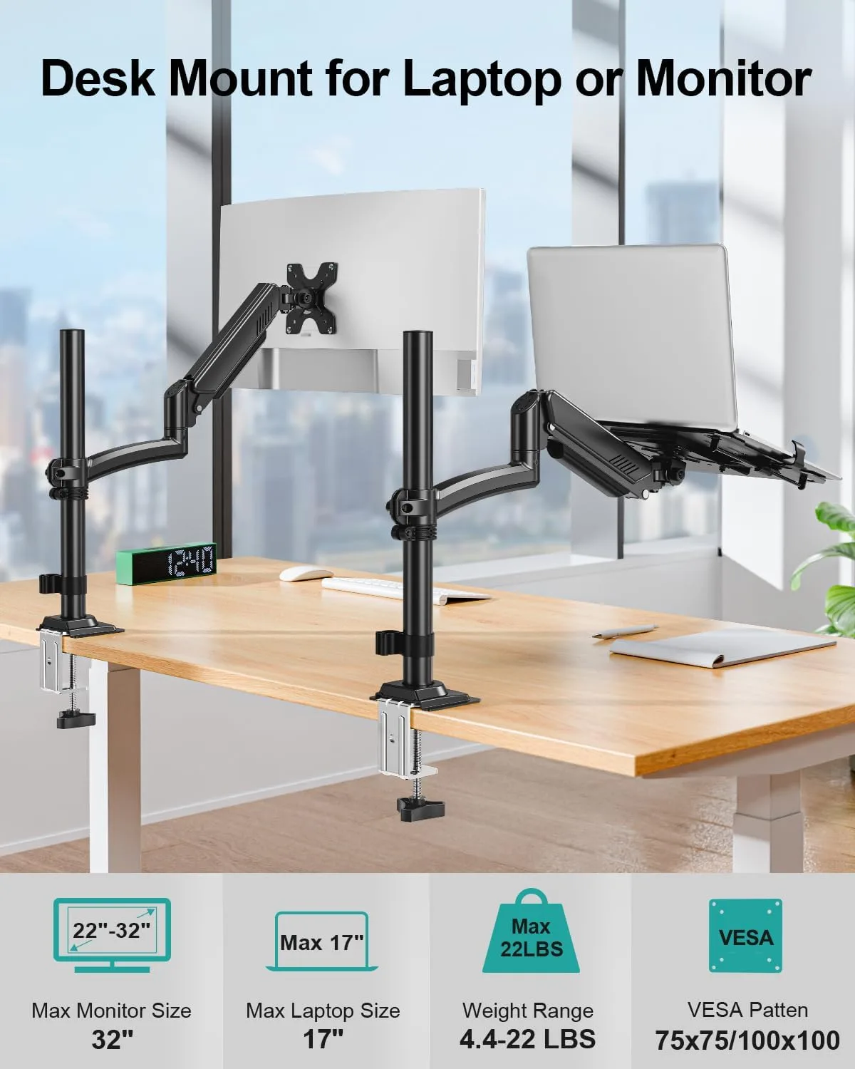 MOUNT PRO Laptop Arm Desk Mount for Max 22lbs 17" Laptop & Max 32" Monitor