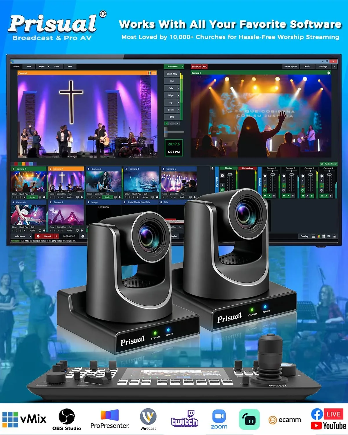 Prisual NDI HX3 PTZ Camera 5th Gen, AI Auto Tracking, 30X Optical Zoom, PoE, 3G-SDI, USB 3.0, LAN, HDMI PTZ Camera for Church Worship, Education, Live Streaming