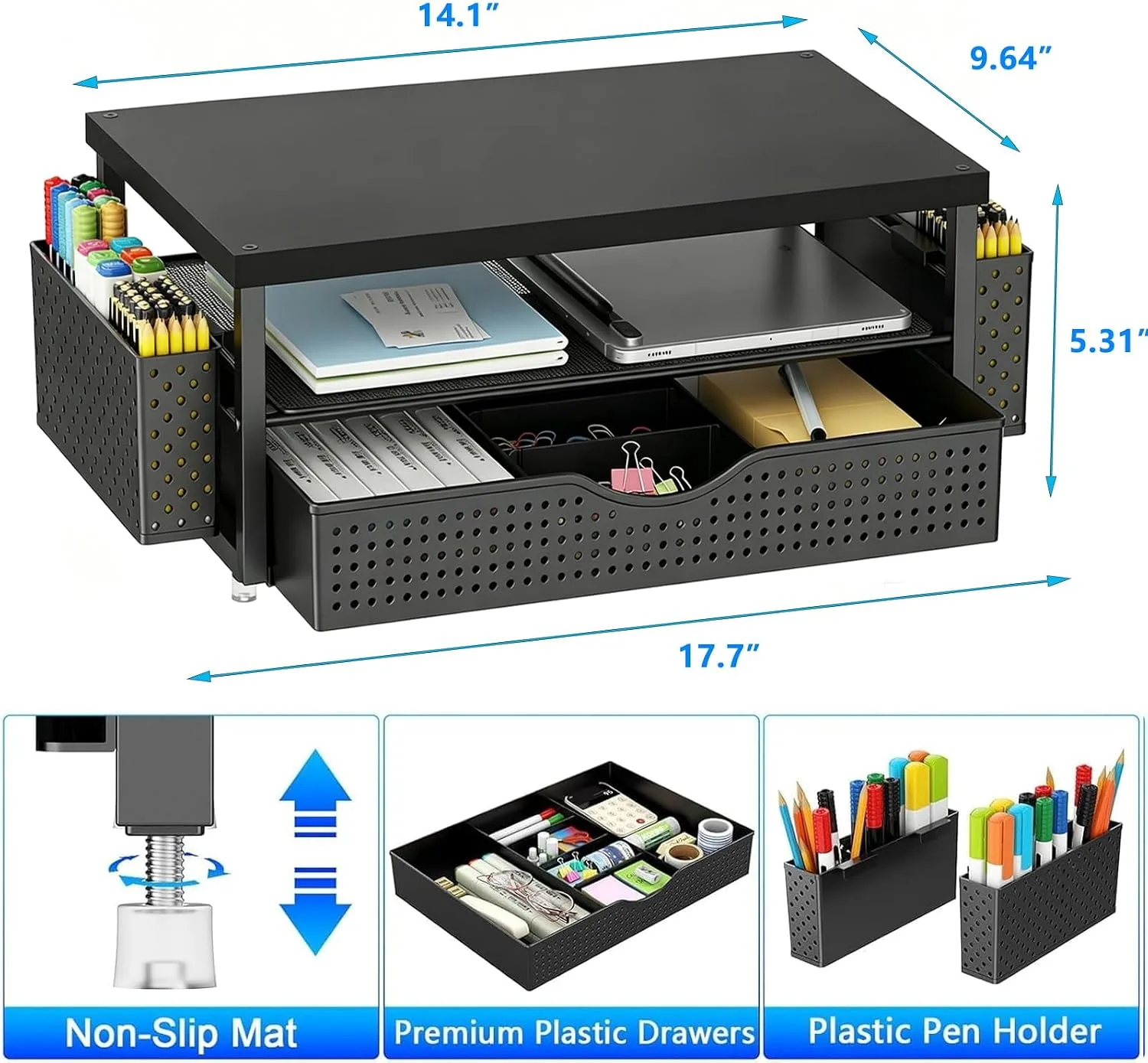 gianotter Desk Organizers and Accessories, Monitor Stand with Drawer and 2 Pen Holder, Desktop Organizer Suitable for Offices and Dormitories (Matte Black)