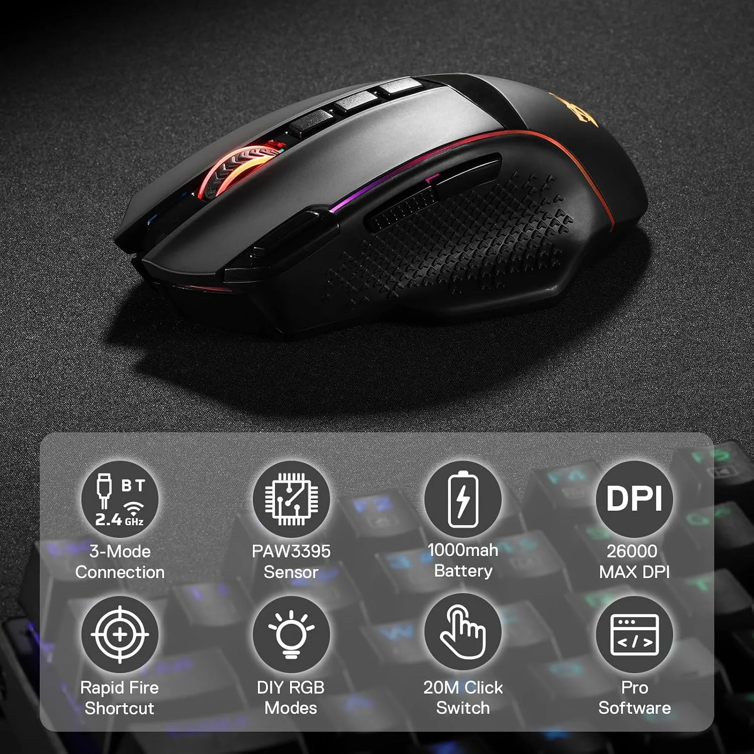 Redragon M991 3-Mode Wireless RGB Gaming Mouse 26000 DPI Remapping Keys